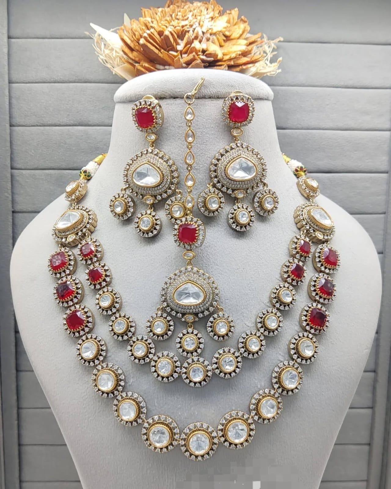 Real mossanite double layered doublets stones necklace set with earrings and tikka/ double layered ad necklace set