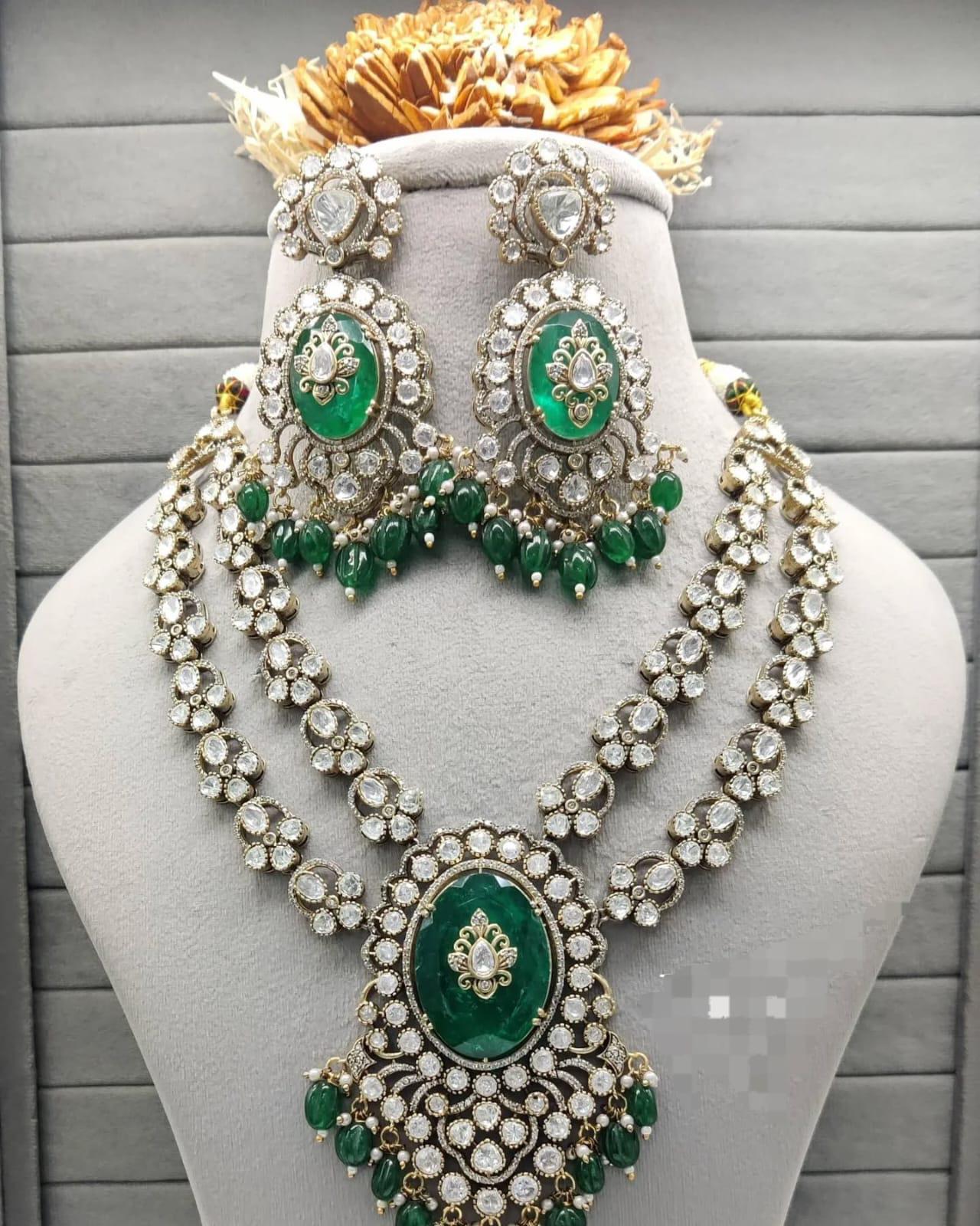 Real mossanite double layered doublets stones necklace set with earrings and tikka/ double layered ad necklace set