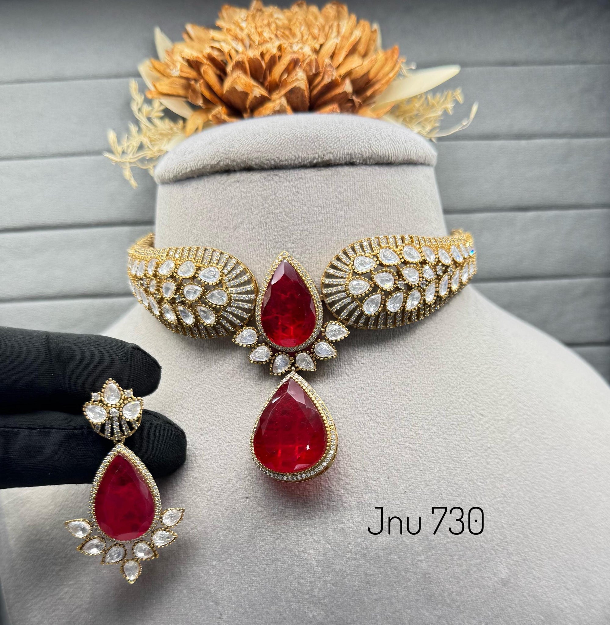 Gold plated real mossa uncut kundan doublets choker set with earrings