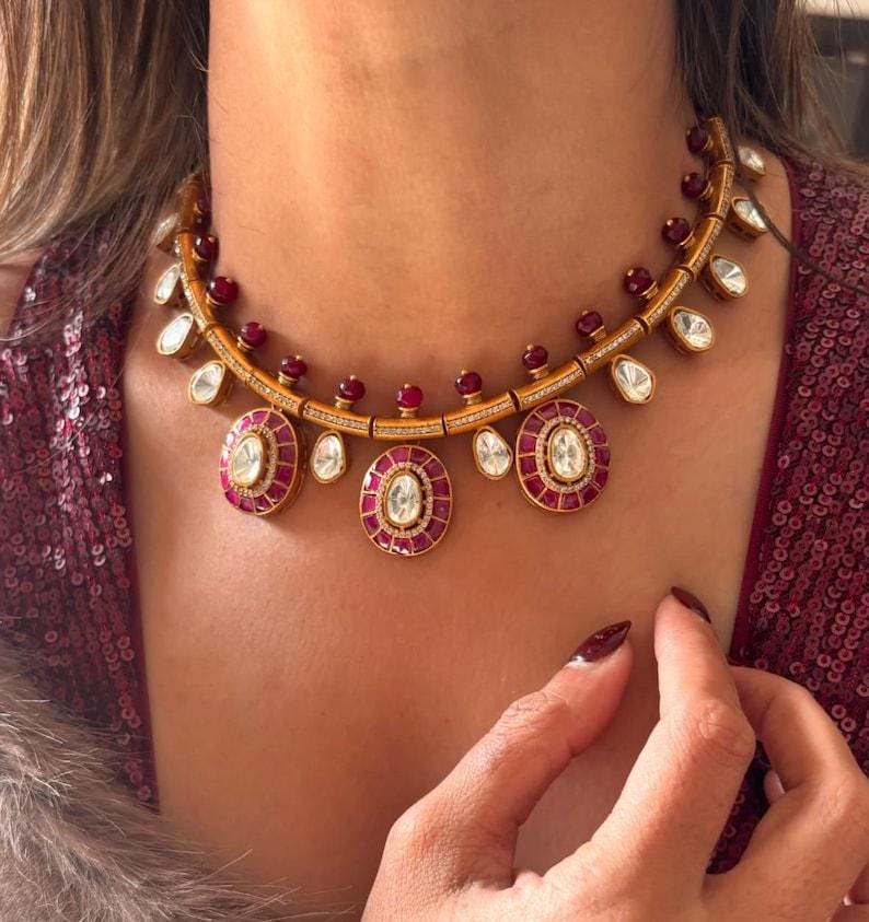 Ruby pink polki necklace earrings set hasli choker set indian jewellery mossinte necklace Sabyasachi jewellery