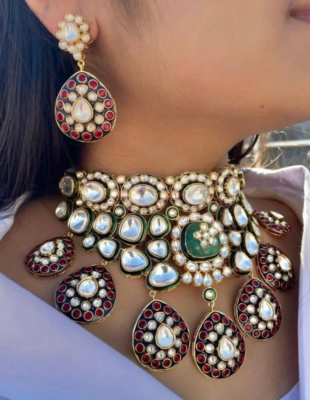 Sabyasachi Inspired Finest Quality Meenakari Faux Uncut Big Size Polki Kundan Bridal Necklace Set With Earrings Pakistan Set Indian Necklace