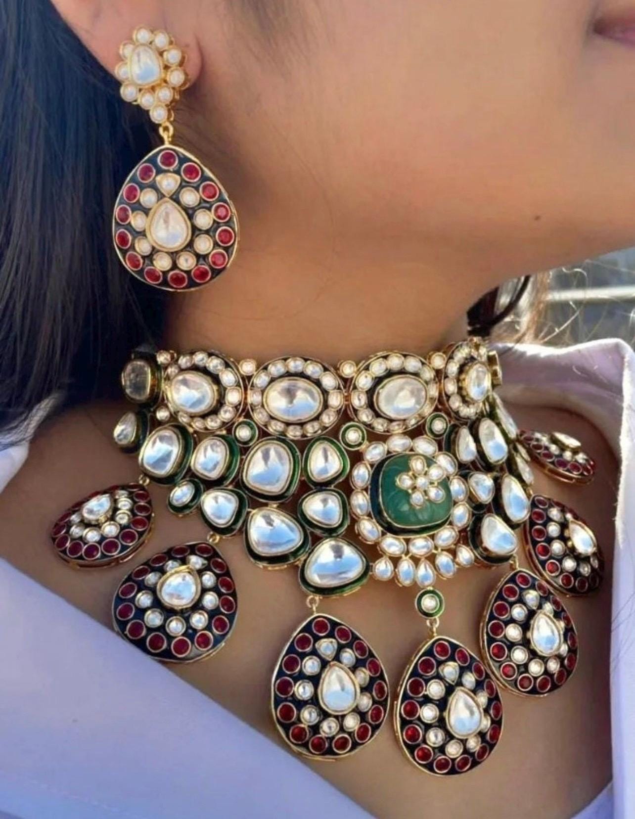 Sabyasachi Inspired Finest Quality Meenakari Faux Uncut Big Size Polki Kundan Bridal Necklace Set With Earrings Pakistan Set Indian Necklace