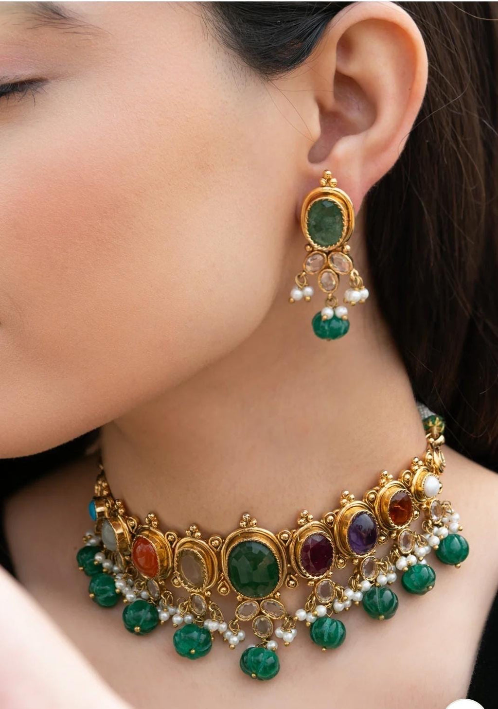 Sabyasachi inspired green/navratan Choker set with earrings/Indian Pakistani Necklace Set/Bridal jewelry/Statement necklace/Bollywood