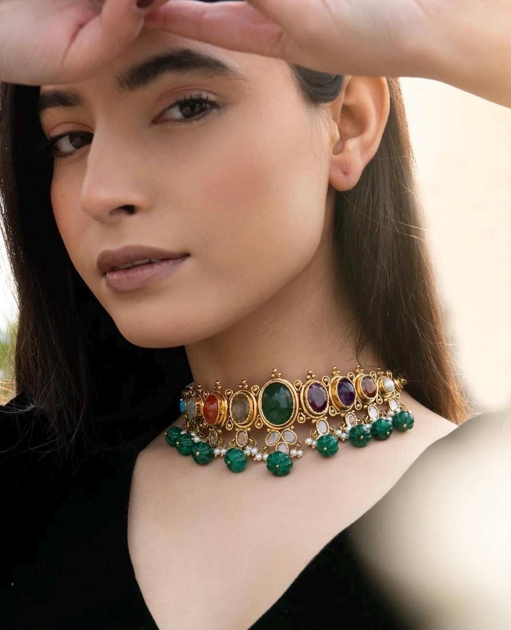 Sabyasachi inspired green/navratan Choker set with earrings/Indian Pakistani Necklace Set/Bridal jewelry/Statement necklace/Bollywood