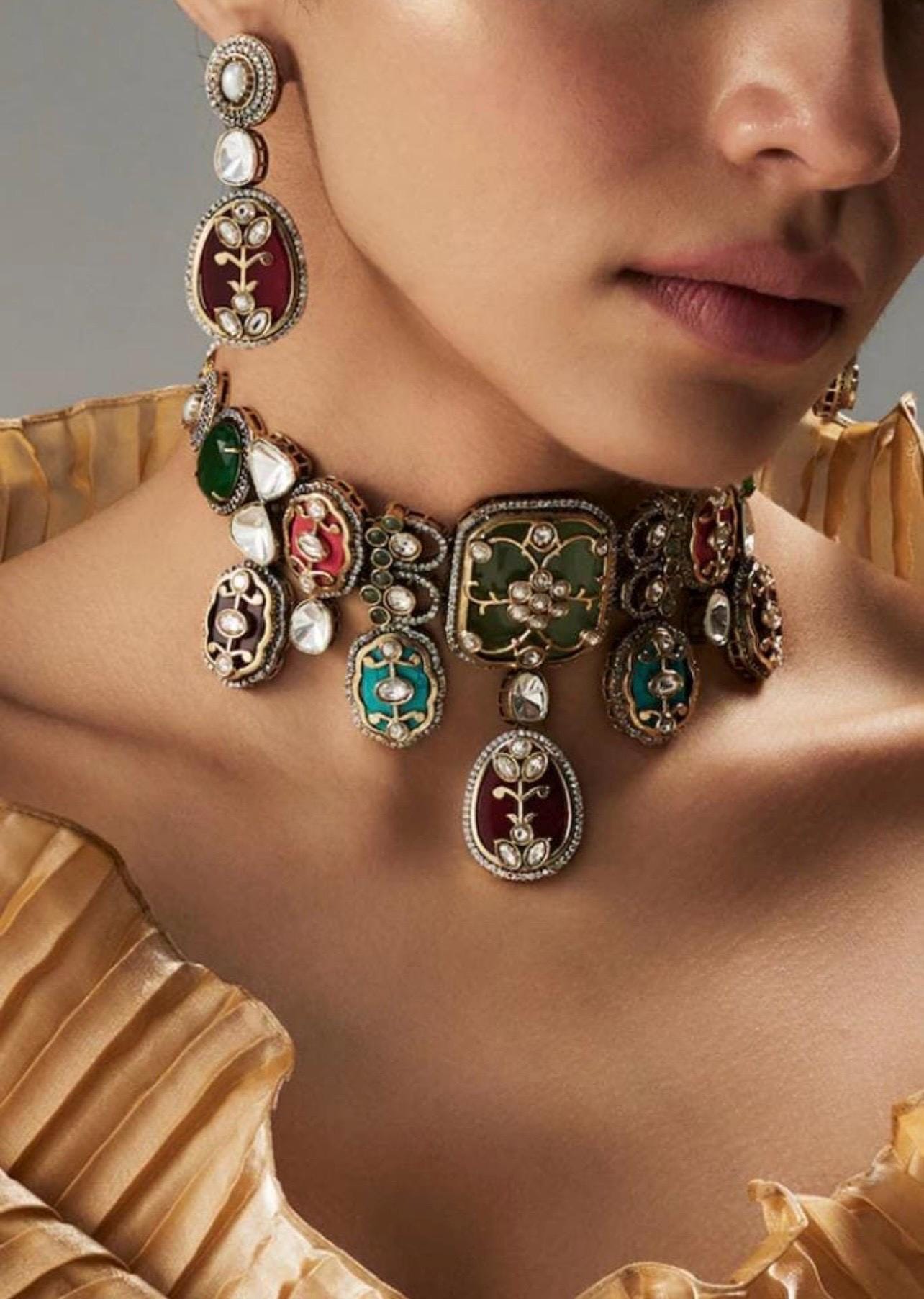 Premium Amrapali Inspired Victorian Gold Multi color Uncut Faux Polki Kundan Necklace With Earrings Indian Pakistani Designer Jewelry OOAK