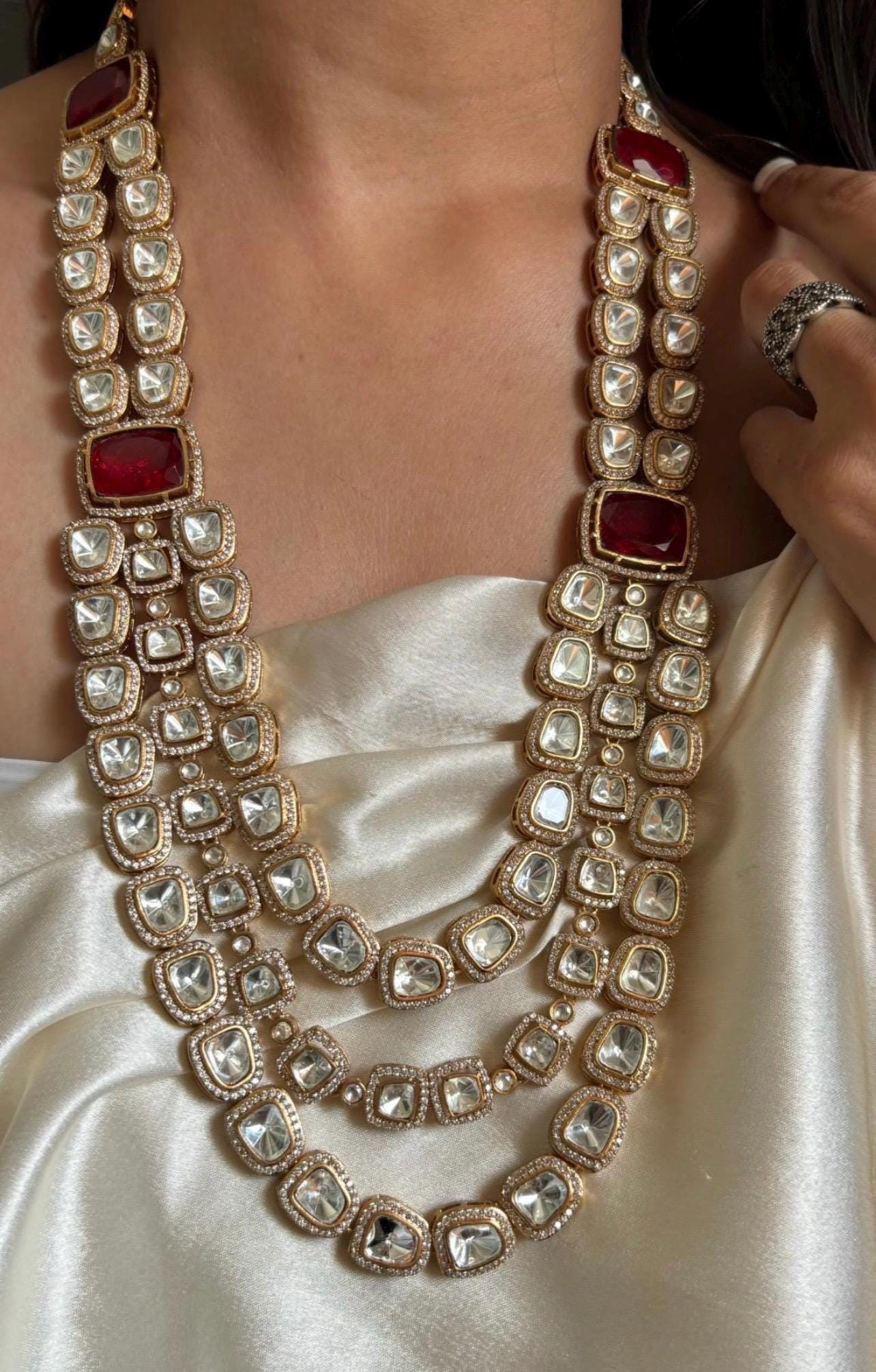 Tyaani jewelry inspired 3 Layered Uncut Faux Moissanite Polki Ruby Emerald Green Doublet Long Necklace with Earrings,Bollywood,Statement Set