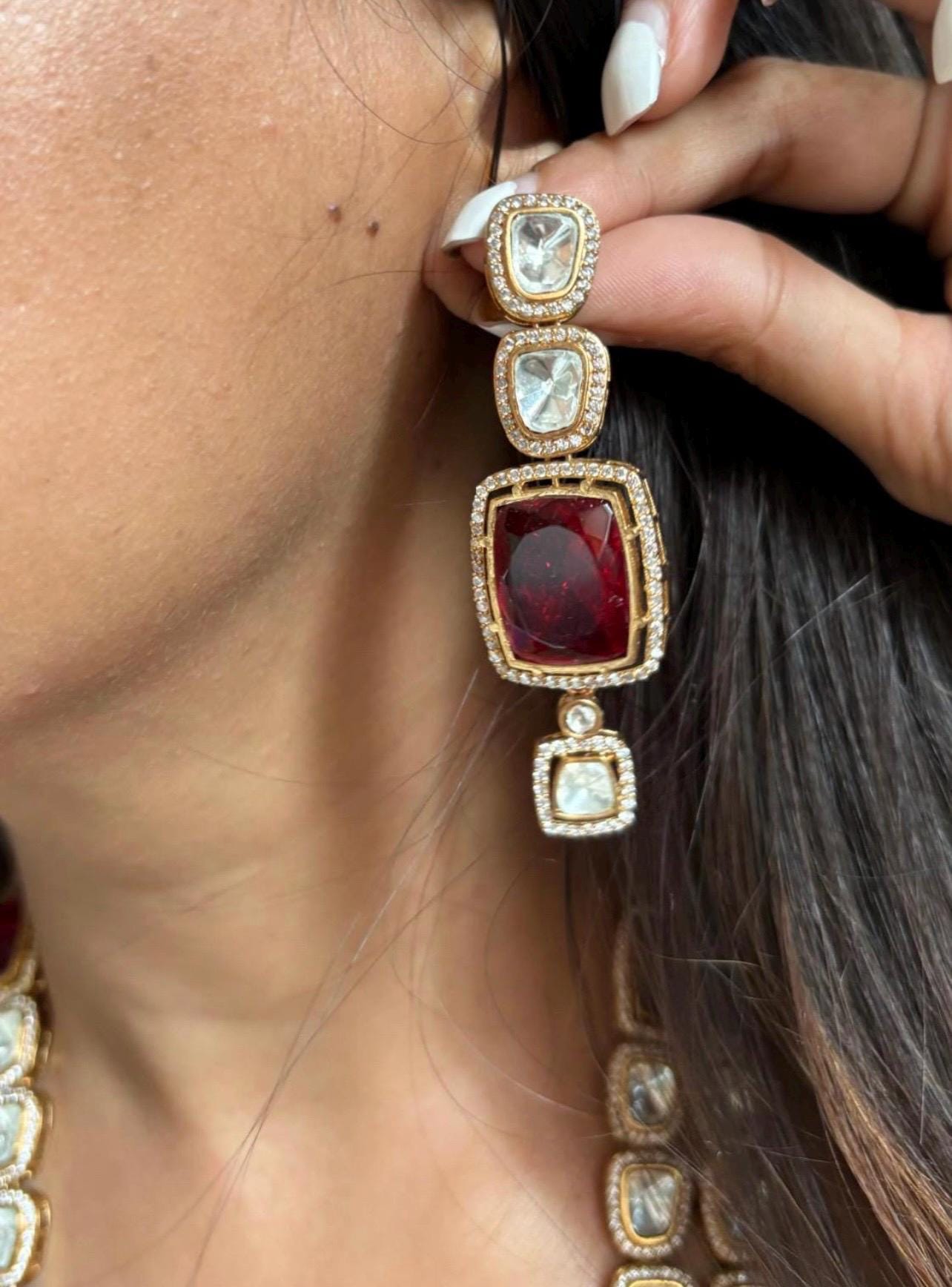 Tyaani jewelry inspired 3 Layered Uncut Faux Moissanite Polki Ruby Emerald Green Doublet Long Necklace with Earrings,Bollywood,Statement Set