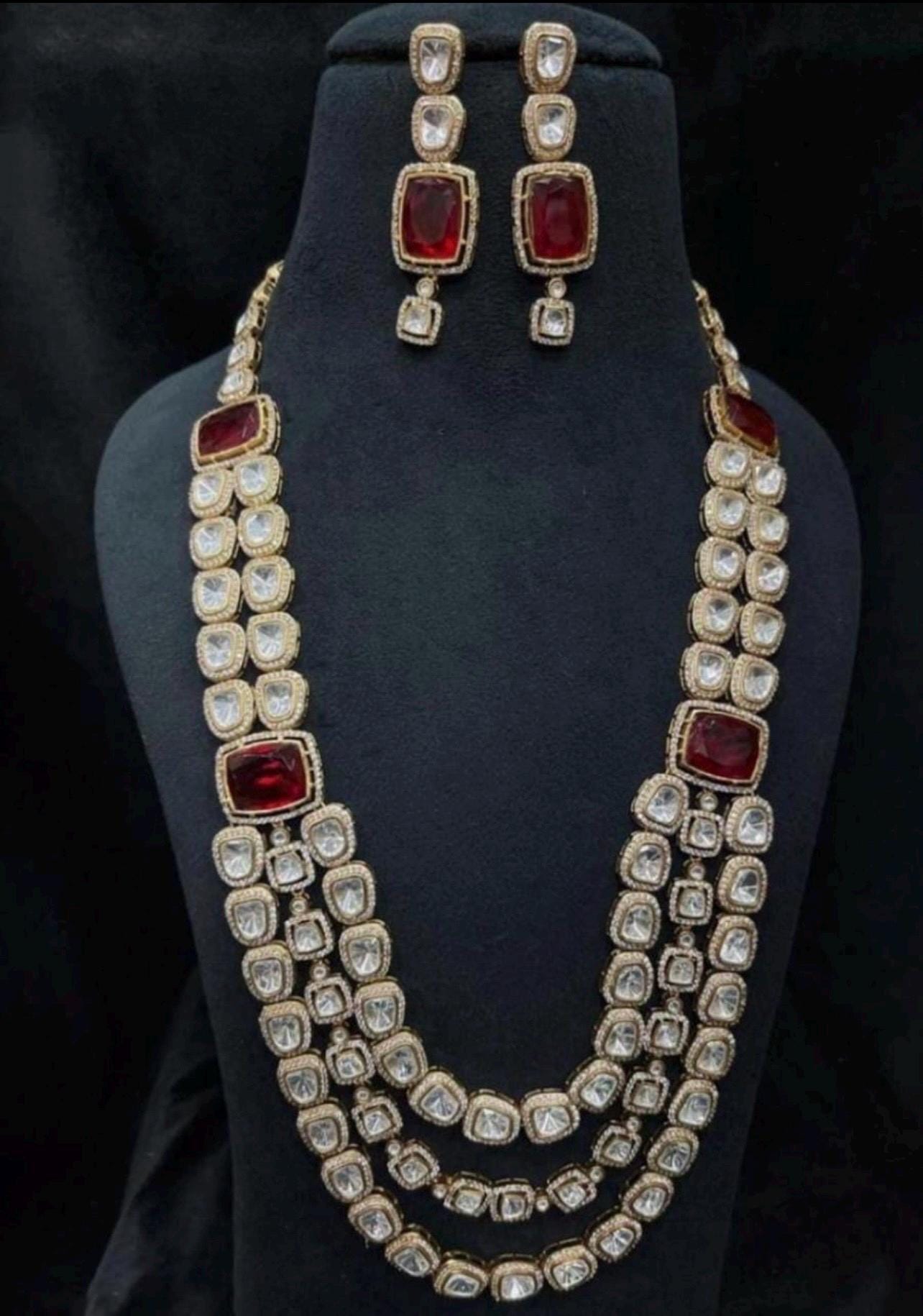Tyaani jewelry inspired 3 Layered Uncut Faux Moissanite Polki Ruby Emerald Green Doublet Long Necklace with Earrings,Bollywood,Statement Set