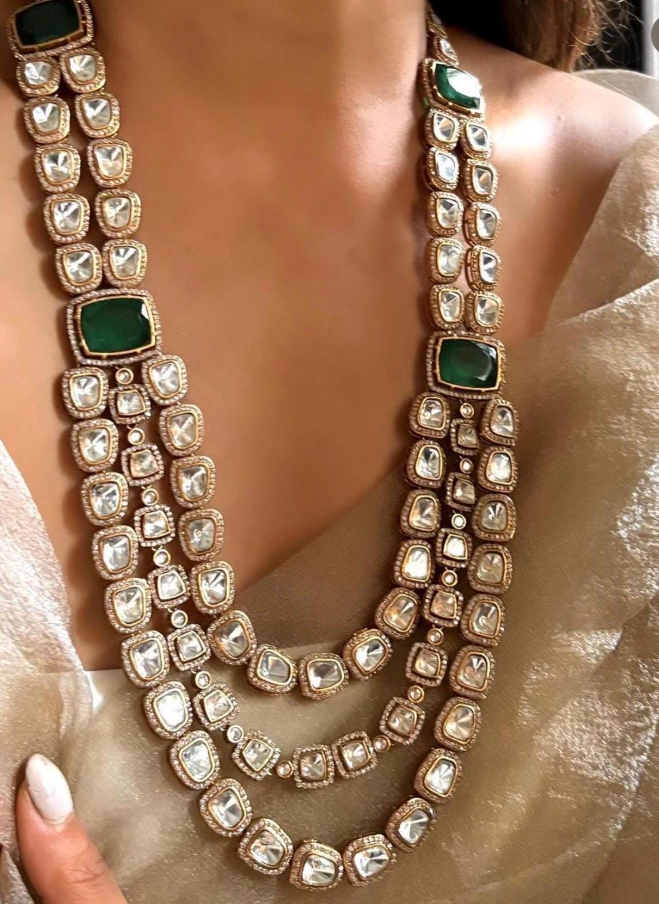 Tyaani jewelry inspired 3 Layered Uncut Faux Moissanite Polki Ruby Emerald Green Doublet Long Necklace with Earrings,Bollywood,Statement Set