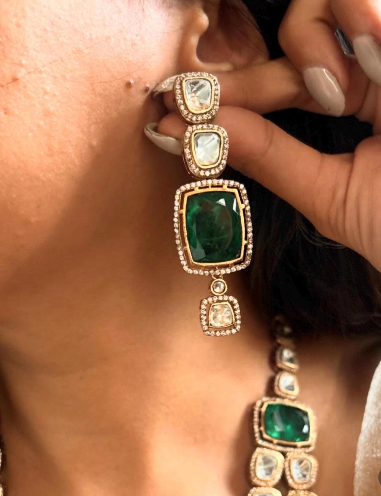 Tyaani jewelry inspired 3 Layered Uncut Faux Moissanite Polki Ruby Emerald Green Doublet Long Necklace with Earrings,Bollywood,Statement Set