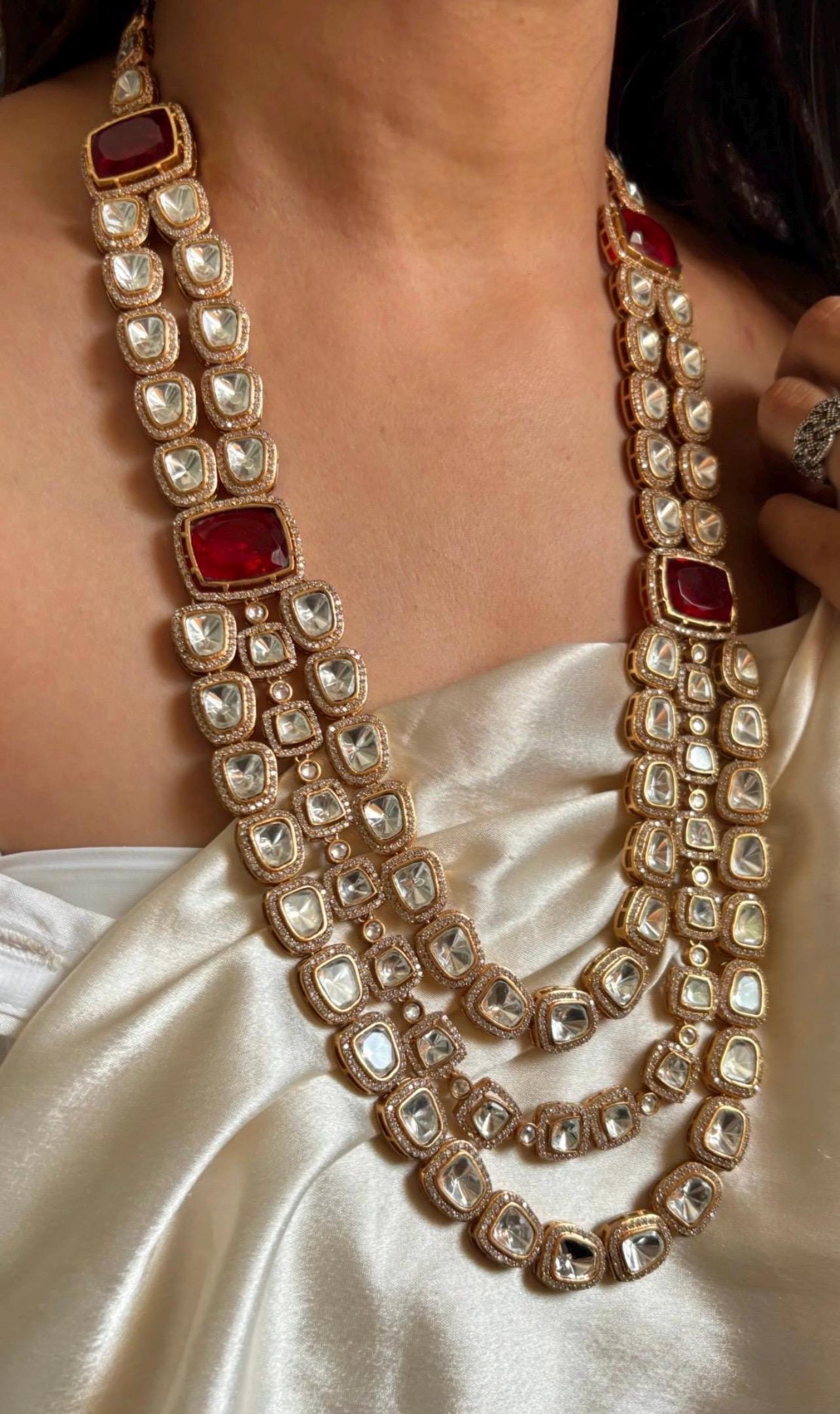 Tyaani jewelry inspired 3 Layered Uncut Faux Moissanite Polki Ruby Emerald Green Doublet Long Necklace with Earrings,Bollywood,Statement Set