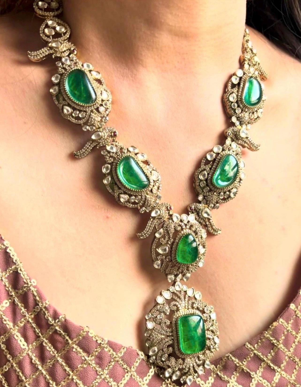 Emerald green Victorian doublets statement long necklace set with earrings/ Victorian necklace set/ sabyasachi jewelry
