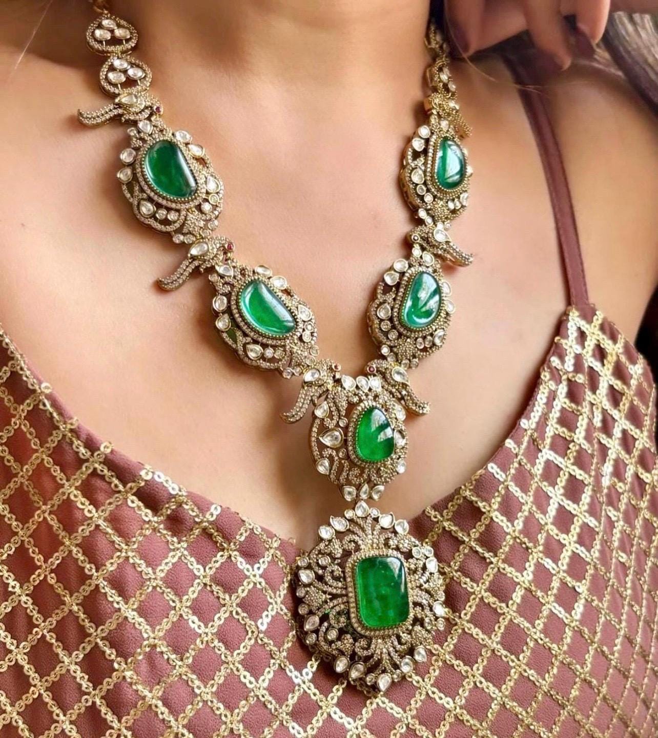 Emerald green Victorian doublets statement long necklace set with earrings/ Victorian necklace set/ sabyasachi jewelry
