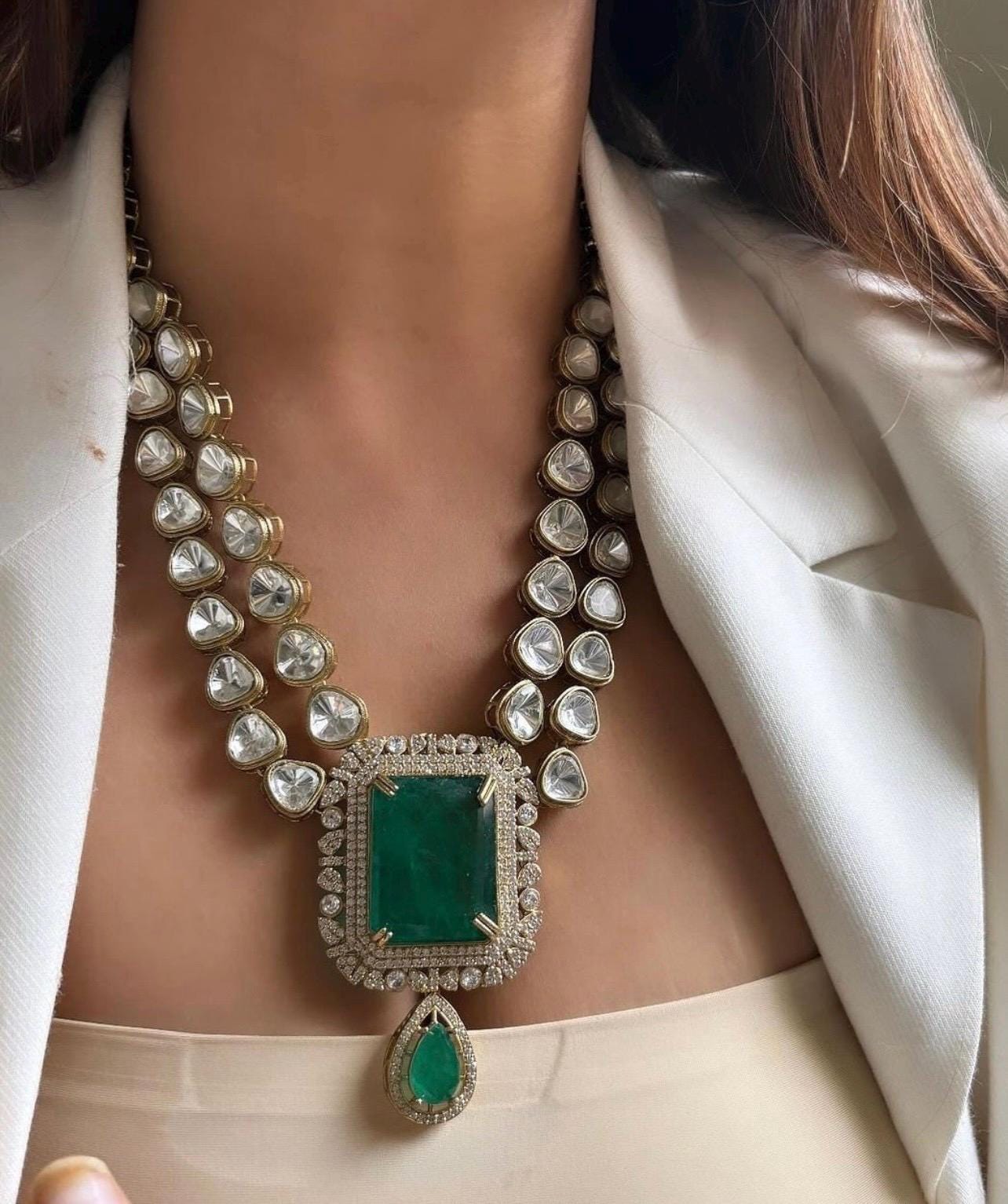 Emerald Green Victorian Doublet Stone Moissanite Polki Wedding Jewelry Necklace Set with Earings,Statement Sabyasachi necklace,Indian Set