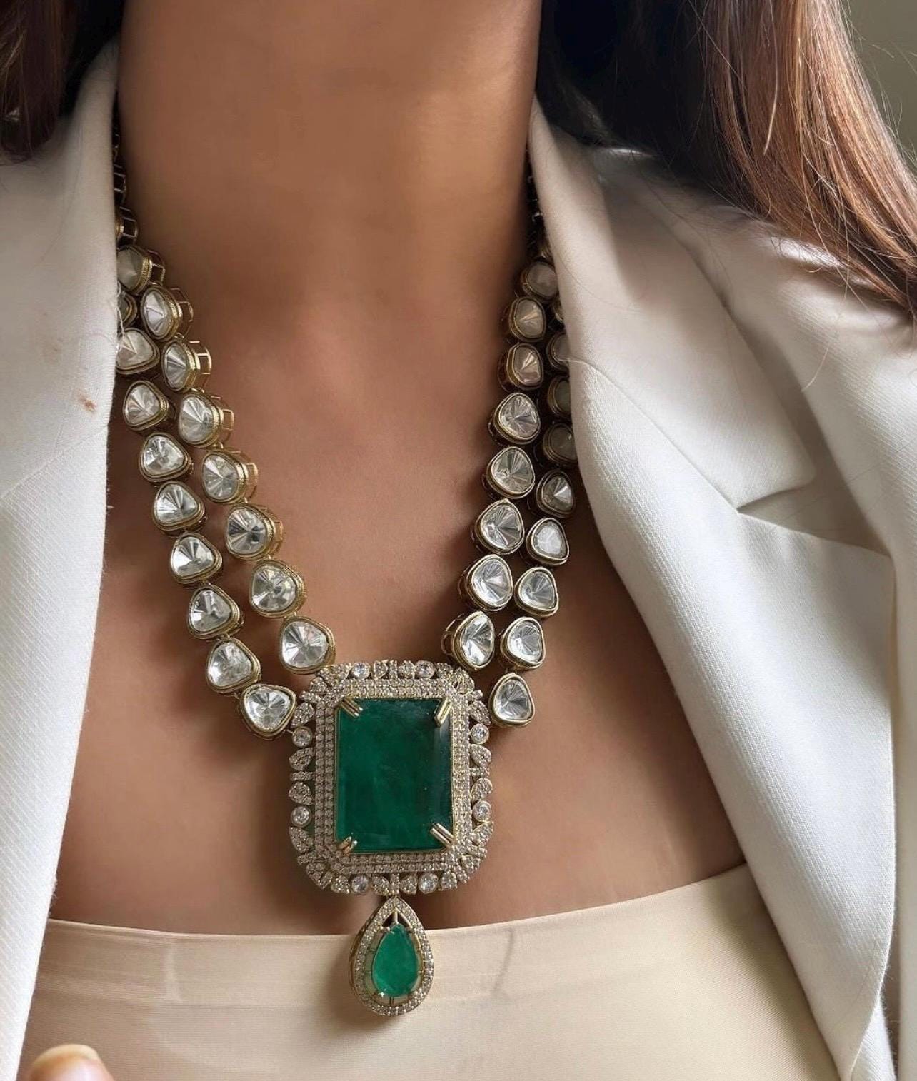 Emerald Green Victorian Doublet Stone Moissanite Polki Wedding Jewelry Necklace Set with Earings,Statement Sabyasachi necklace,Indian Set
