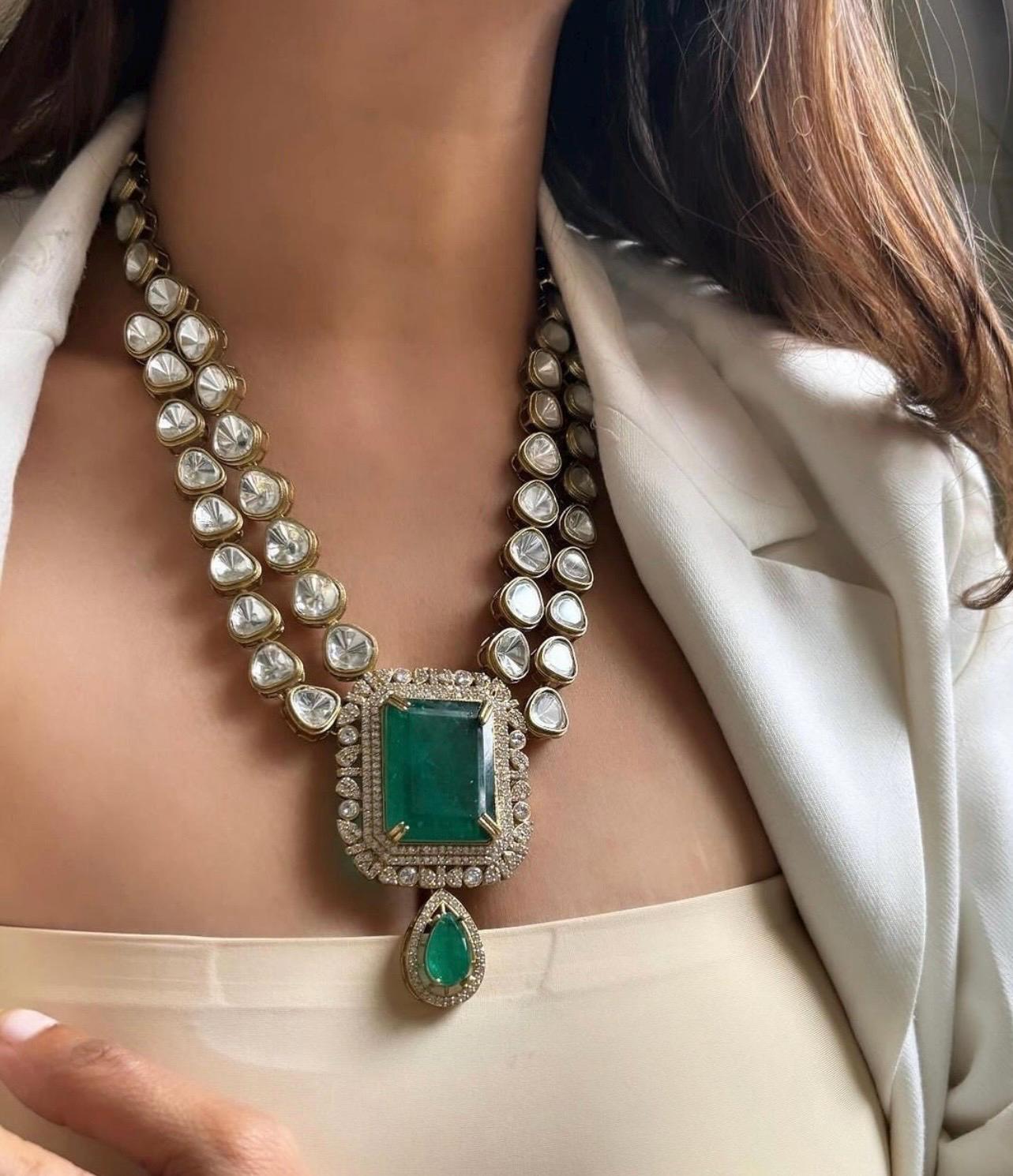 Emerald Green Victorian Doublet Stone Moissanite Polki Wedding Jewelry Necklace Set with Earings,Statement Sabyasachi necklace,Indian Set