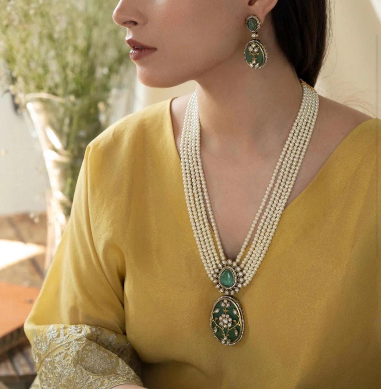 Premium Long Multilayered Victorian Mint Pearl White Pendant Necklace Set With statement Earrings Sabysachi Jewelry set