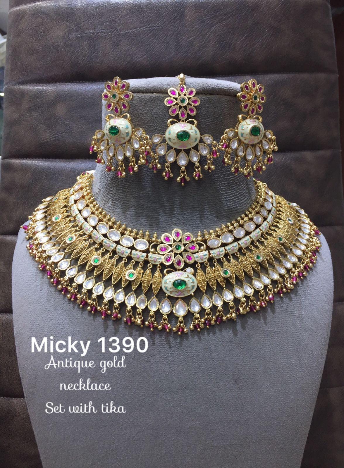 Mossanite polki Ruby mint/ Ruby green antique gold plated bridal necklace set with earrings and tikka