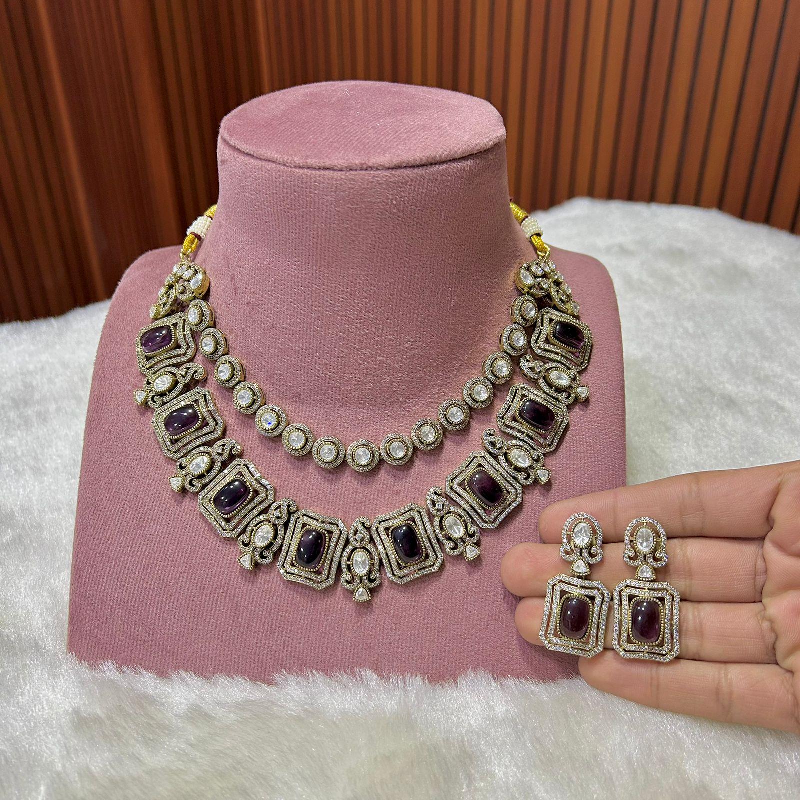 Mossanite polki stunned with ad stones double layer necklace set with earrings/ polki necklace set