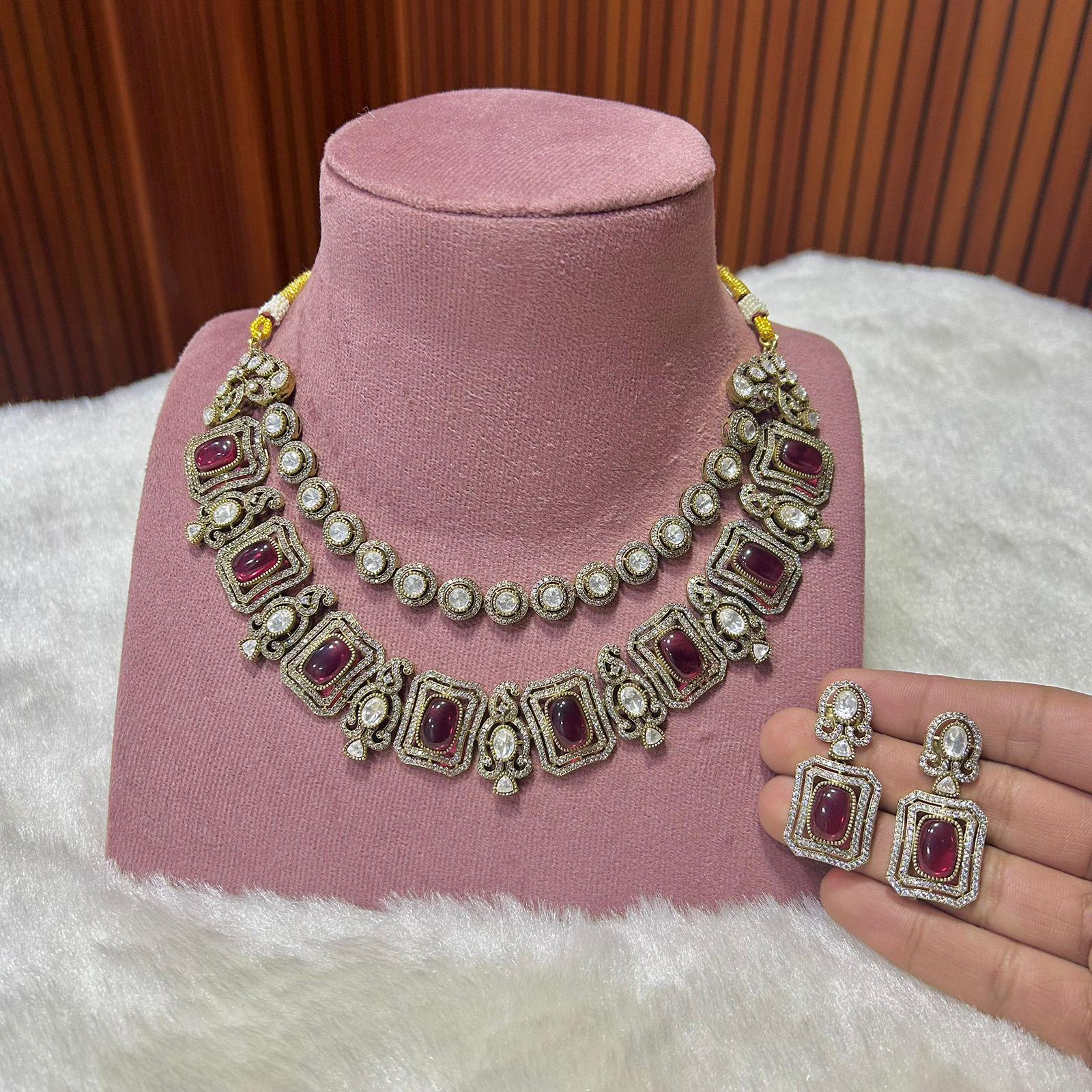 Mossanite polki stunned with ad stones double layer necklace set with earrings/ polki necklace set