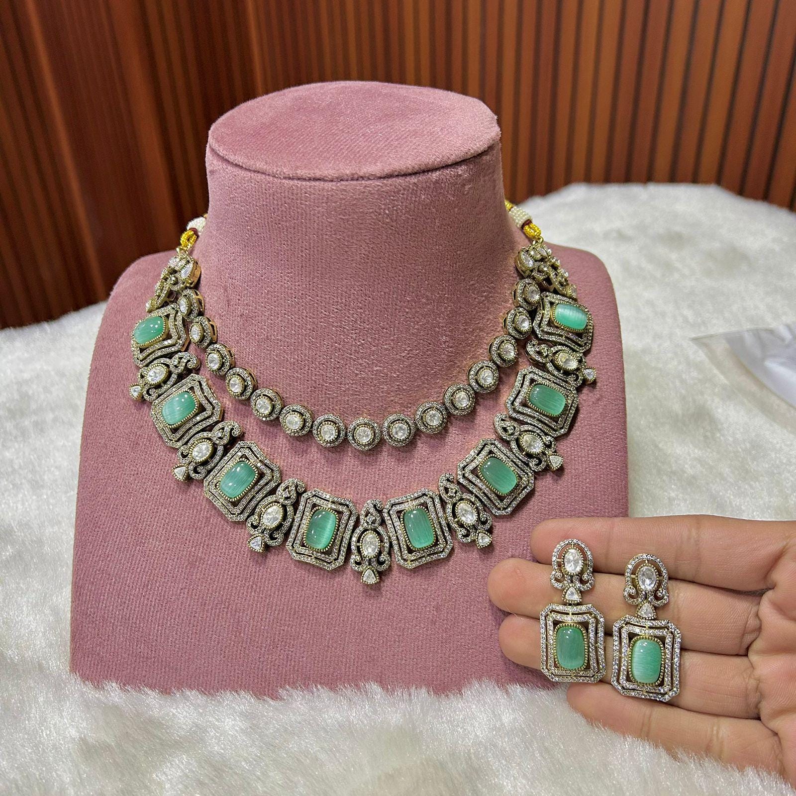 Mossanite polki stunned with ad stones double layer necklace set with earrings/ polki necklace set