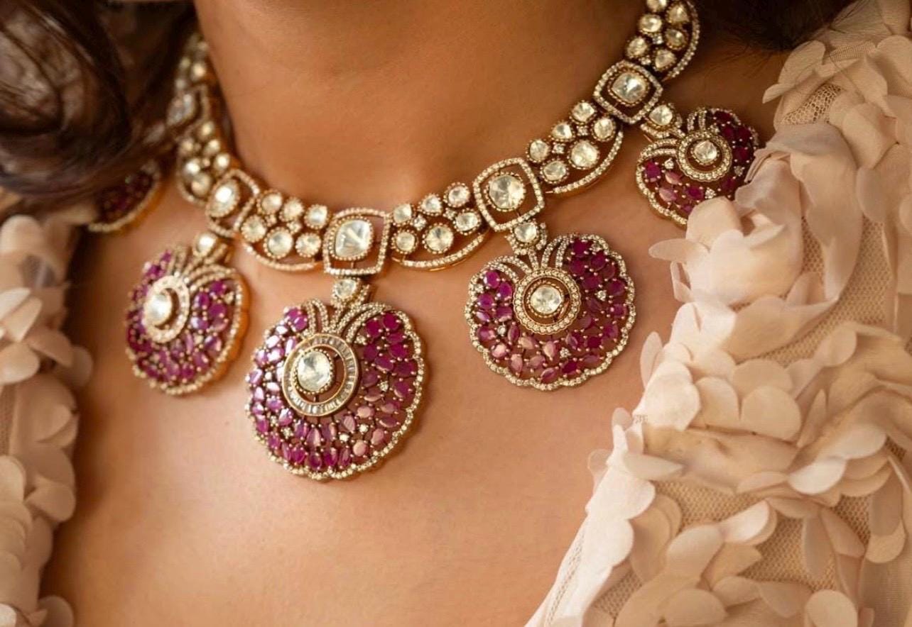 Fine Ruby Pink Gold Sabyasachi Victorian Choker Indian Jewelry Sabyasachi Necklace Ruby Indian Choker Indian Necklace Bollywood Jewelry Set