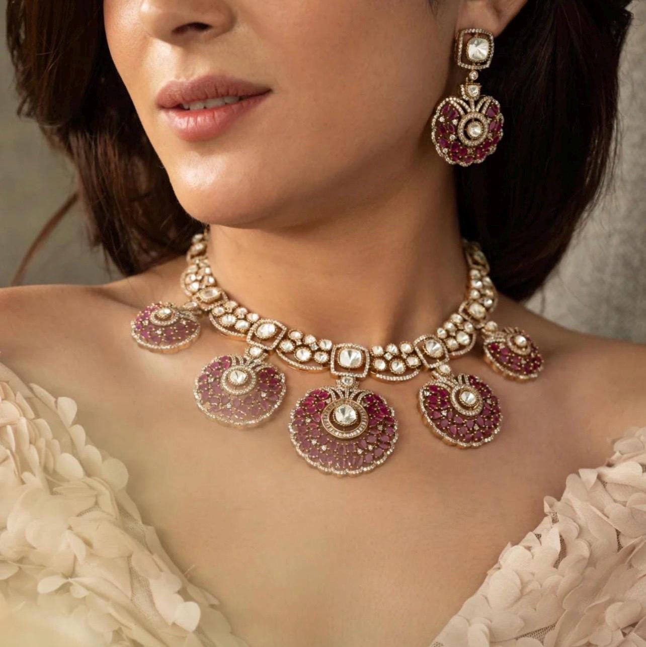 Fine Ruby Pink Gold Sabyasachi Victorian Choker Indian Jewelry Sabyasachi Necklace Ruby Indian Choker Indian Necklace Bollywood Jewelry Set