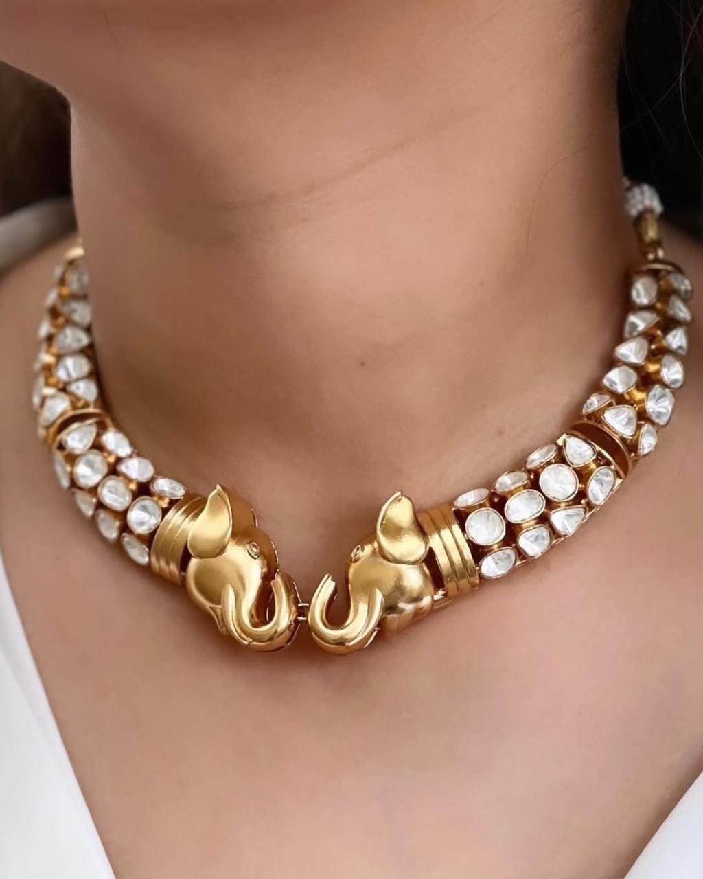 Sabyasachi inspired Gold Moissanite Hasli Elephant Necklace with Earrings/Statement Jewelry/Elegant Jewelry/Kundan set/Bollywood/celebrity