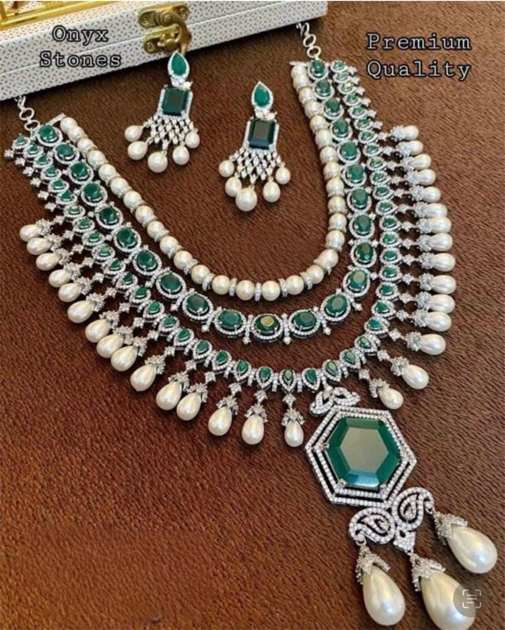 Onyx stones Pearls Emerald Green Ruby multi layered premium AAA CZ stones Necklace With Statement Earrings,Celebrity jewelry,Statement set