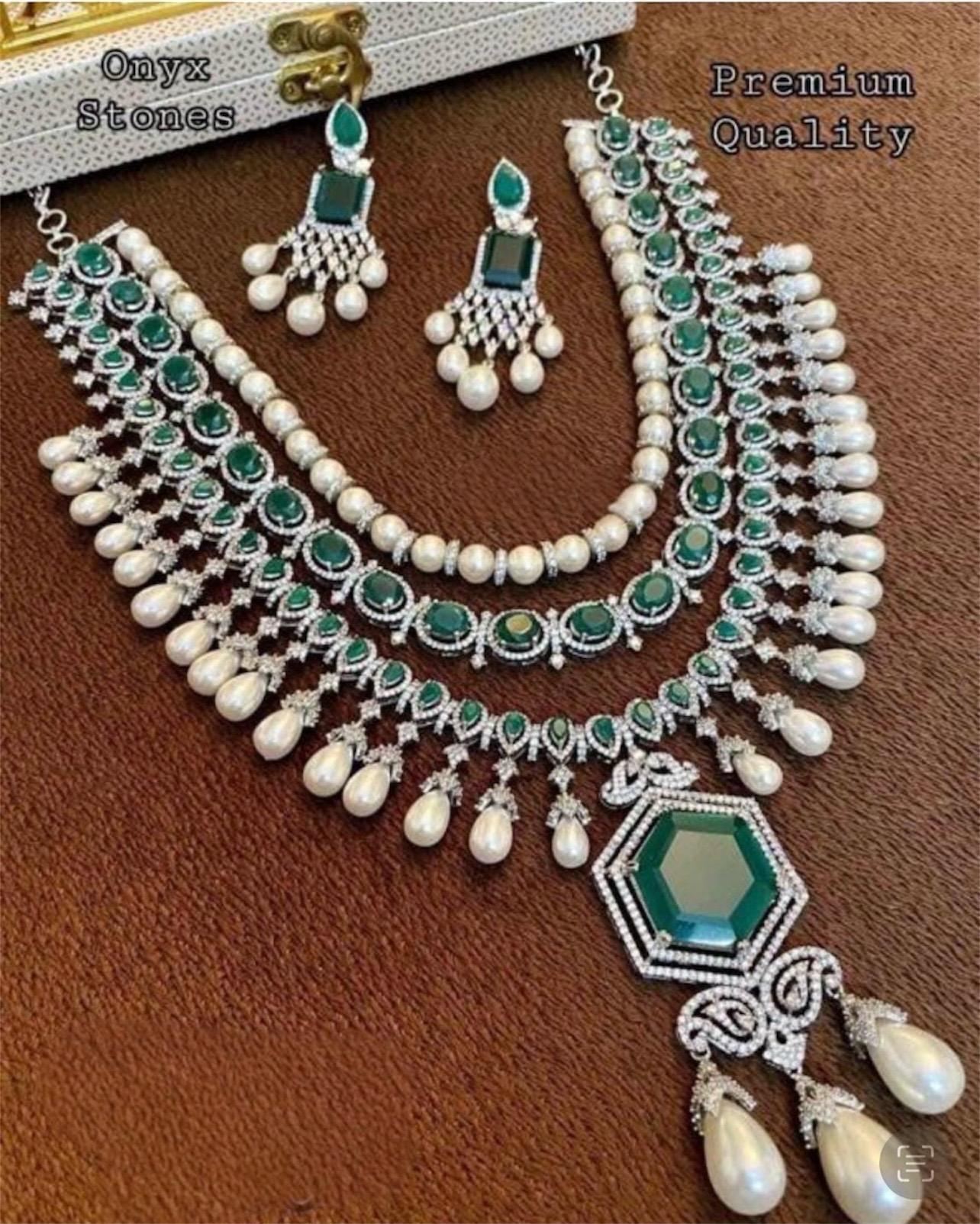 Onyx stones Pearls Emerald Green Ruby multi layered premium AAA CZ stones Necklace With Statement Earrings,Celebrity jewelry,Statement set