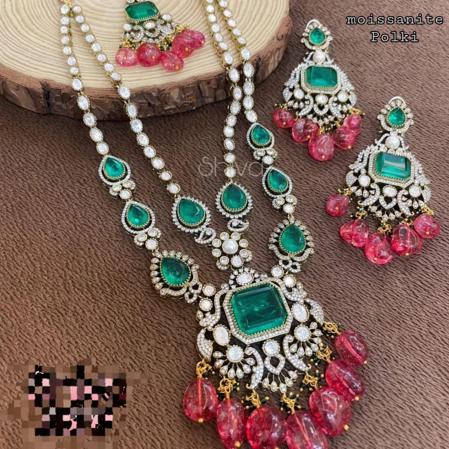 Mossanite polki stunned with ad stones Victorian long necklace set/ doublets necklace set