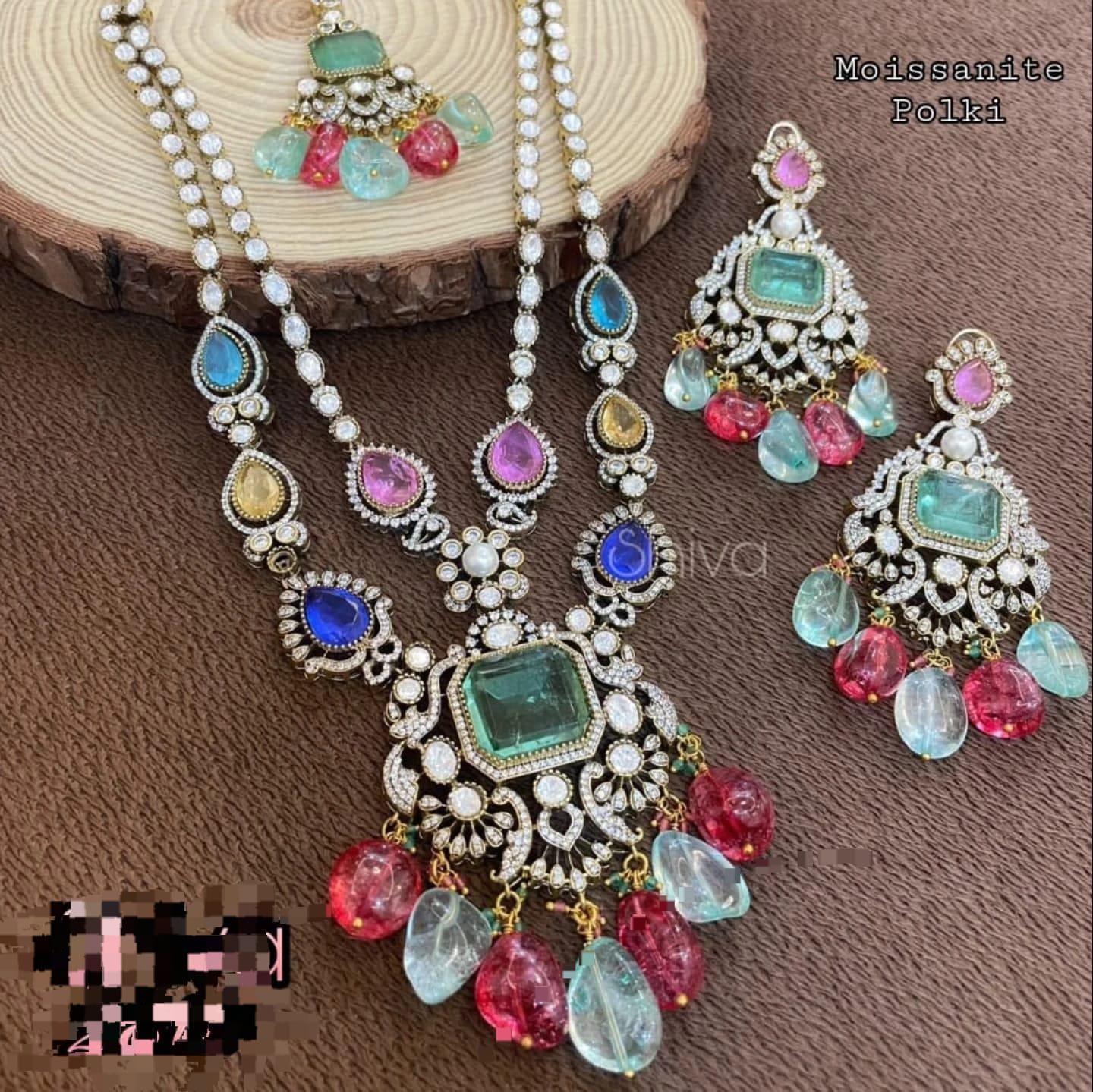 Mossanite polki stunned with ad stones Victorian long necklace set/ doublets necklace set