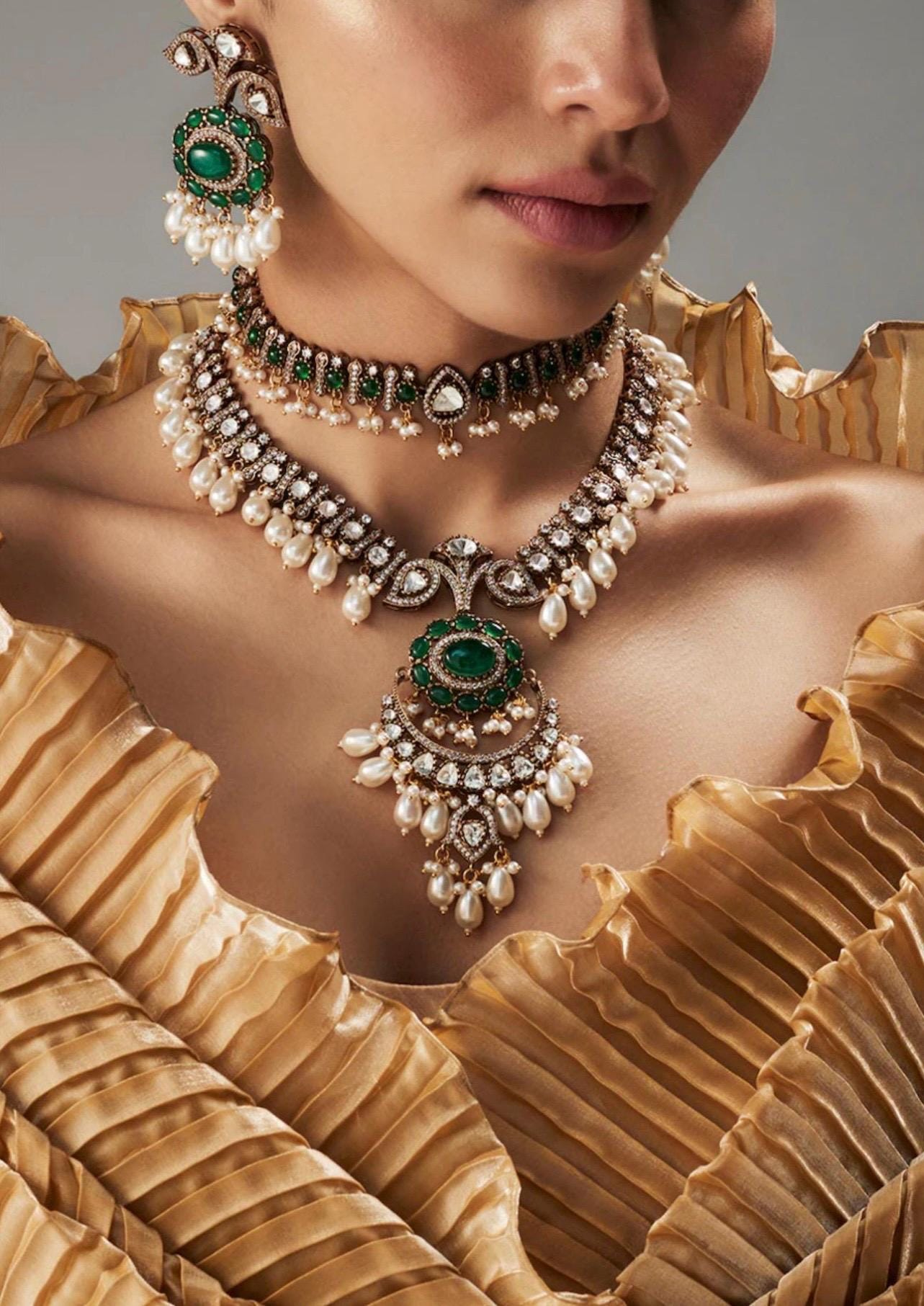Premium Sabyasachi jewelry Inspired Victorian Moissanite Polki Kundan Zirconia Emerald & Ruby Set With Earrings/Amrapali Set/Antique Set