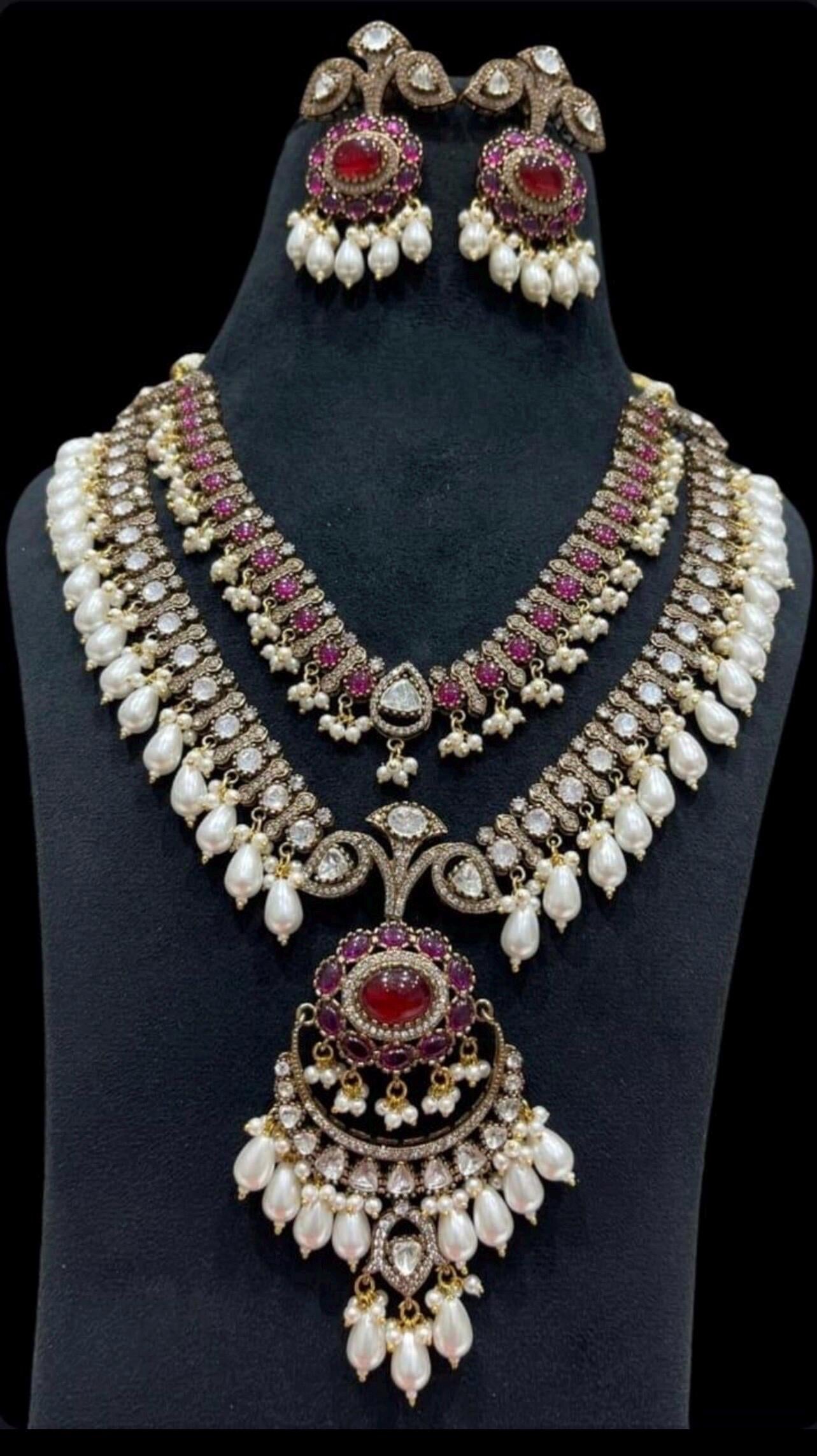 Premium Sabyasachi jewelry Inspired Victorian Moissanite Polki Kundan Zirconia Emerald & Ruby Set With Earrings/Amrapali Set/Antique Set