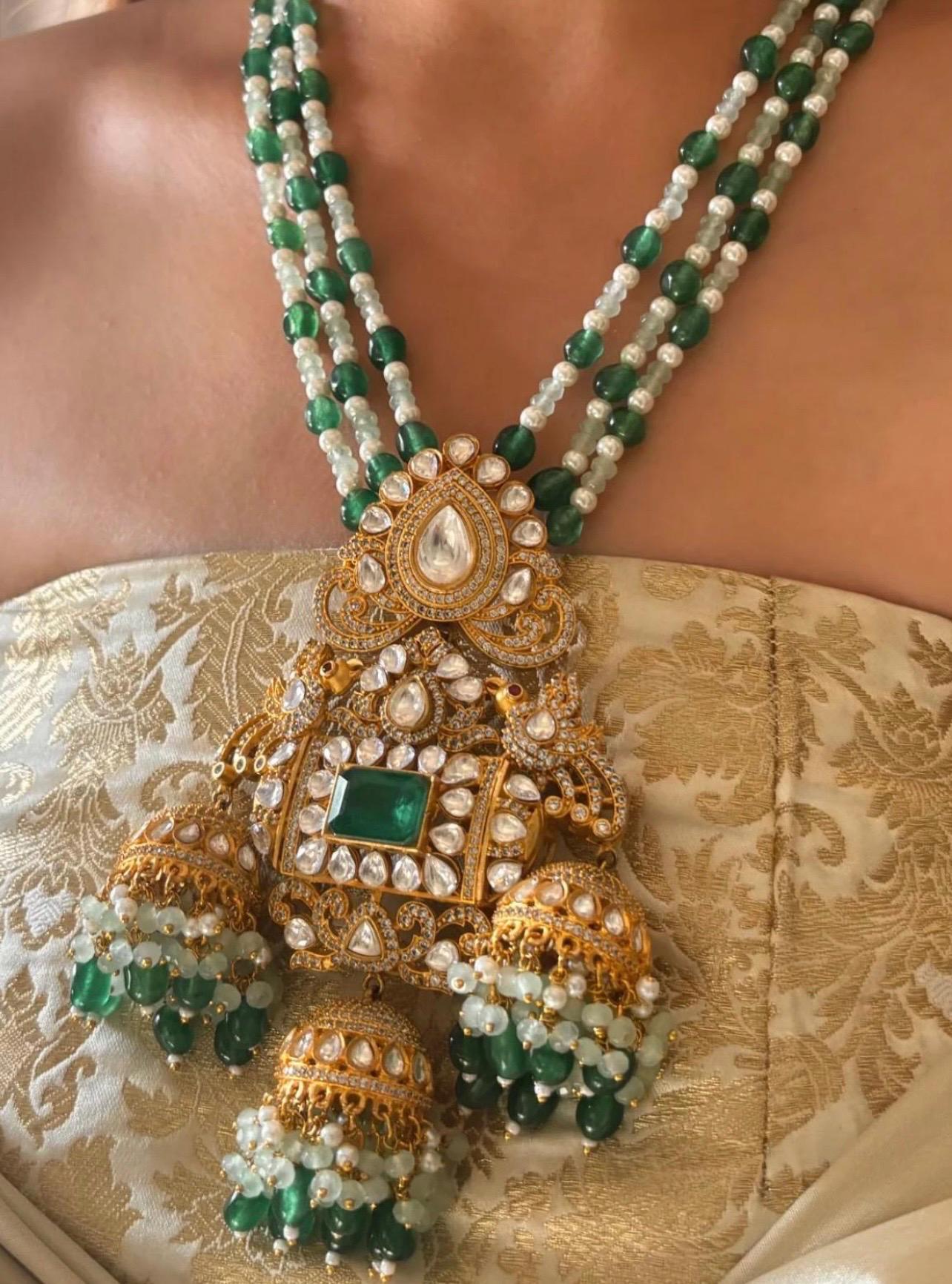 Sabyasachi Amrapali style Inspired Fine Quality Long Moissanite Faux Polki Mint Green Pearl Necklace/Pakistani Necklace/Wedding Jewelry set