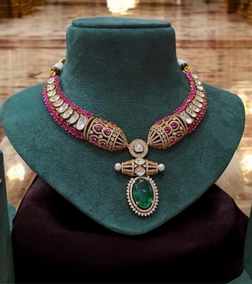 Designer Moissanite Polki Doublet Stone set with earrings,statement necklace,fusion necklace,Indian jewelry,bridal jewelry,wedding jewelry