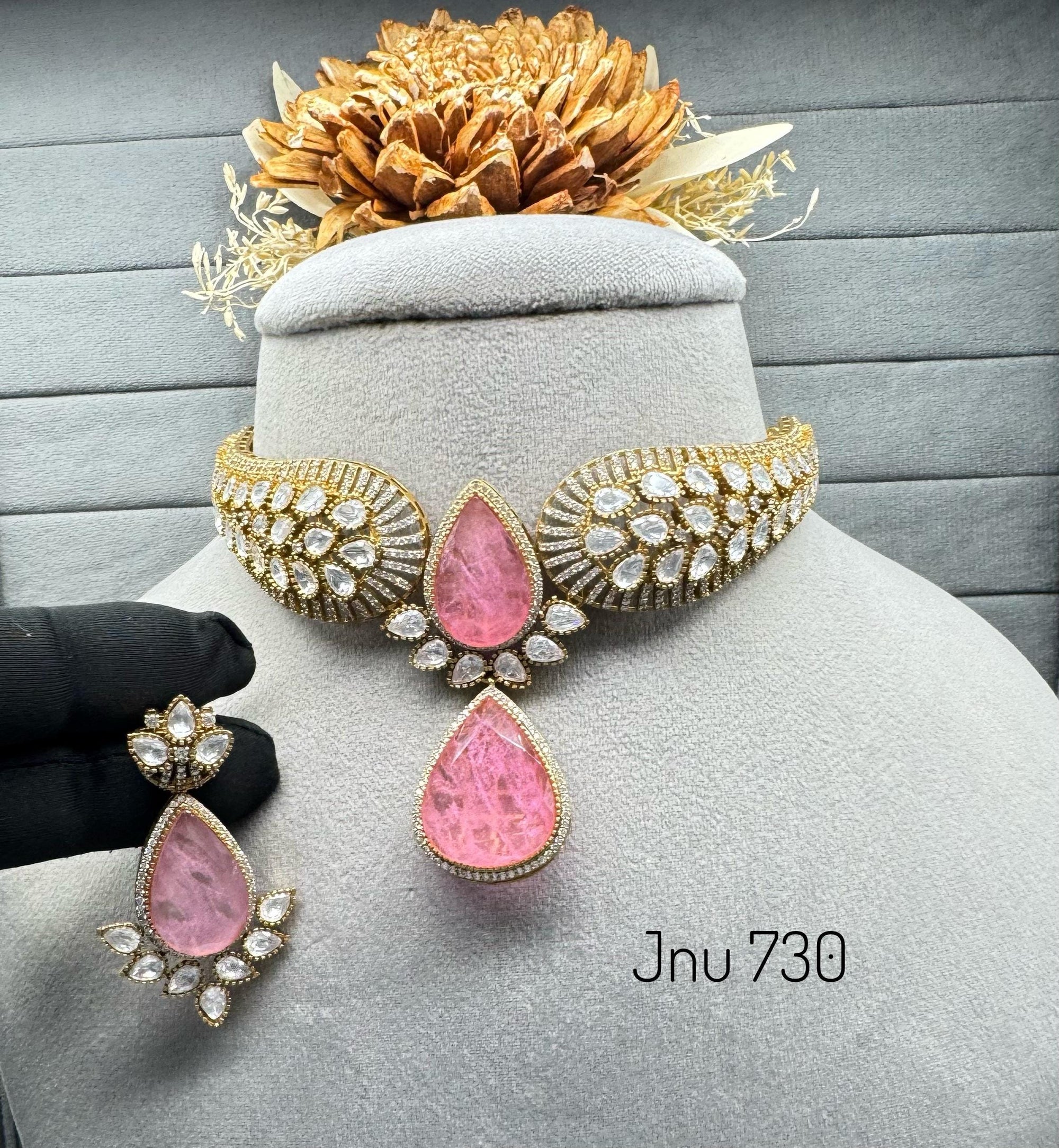 Gold plated real mossa uncut kundan doublets choker set with earrings