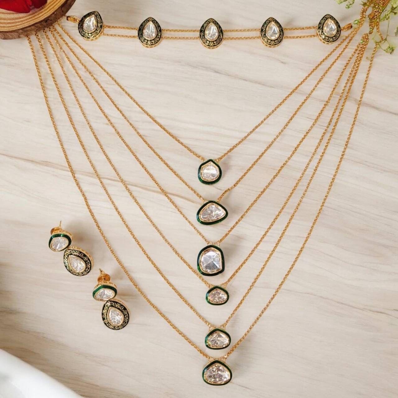 Bollywood celebrity Inspired multi layered Polki Kundan gold finish chain Necklace With Earrings/statement necklace/Indian Pakistani jewelry