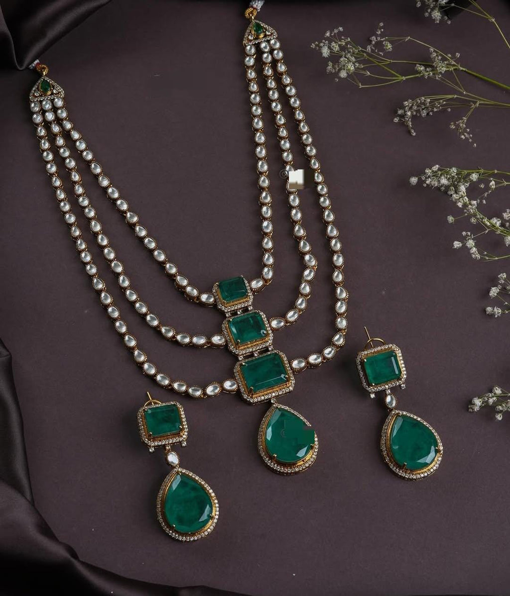 Sabyasachi inspired 3 layer real mossanite doublets stones ad long necklace set  with earrings