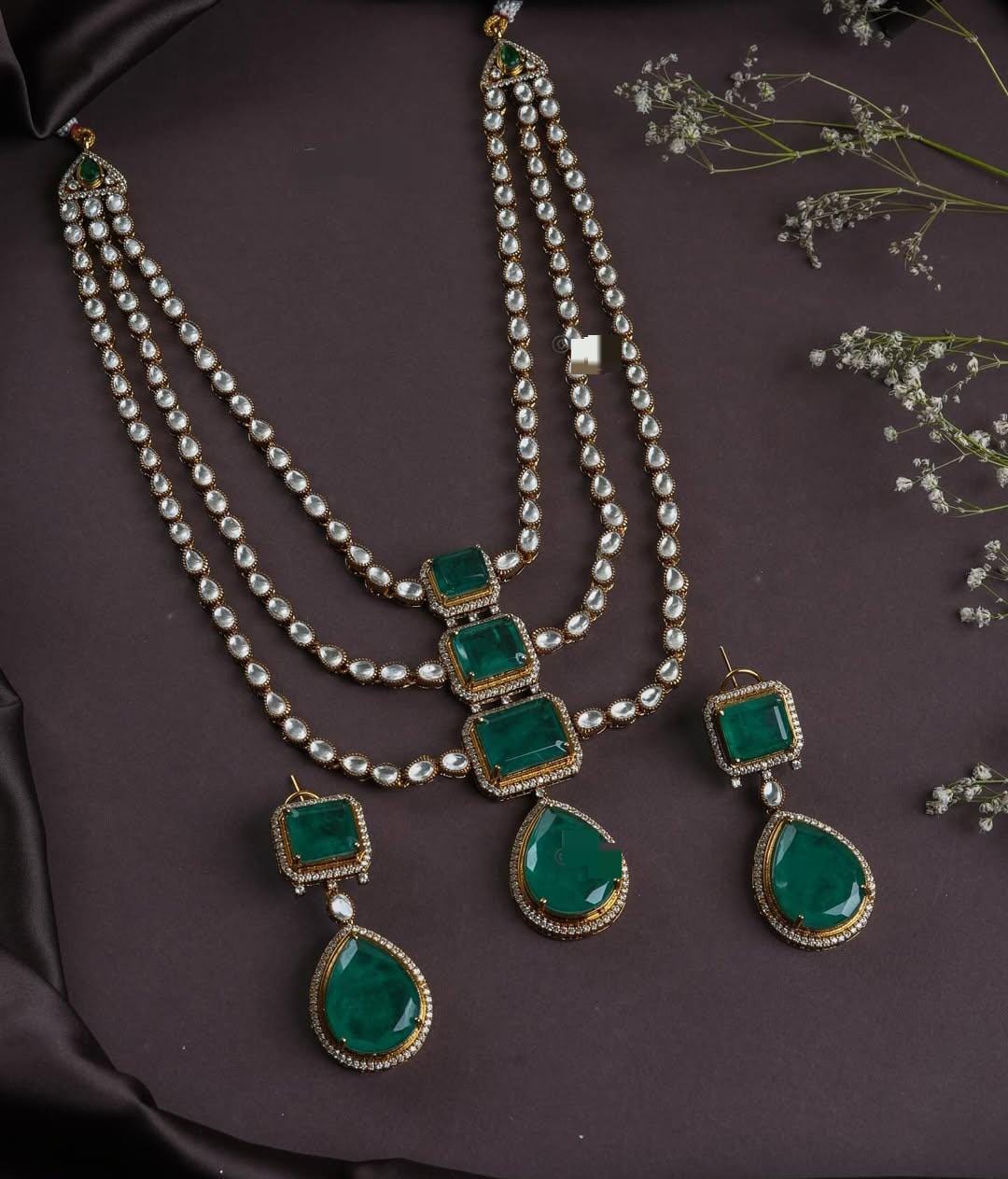 Sabyasachi inspired 3 layer real mossanite doublets stones ad long necklace set  with earrings