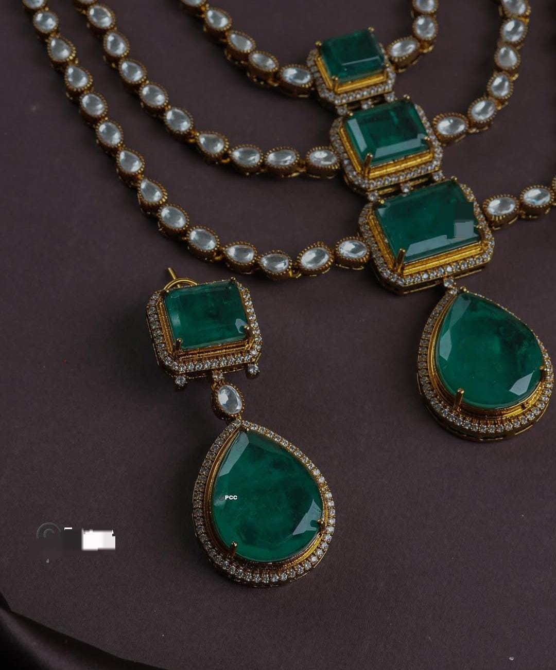 Sabyasachi inspired 3 layer real mossanite doublets stones ad long necklace set  with earrings