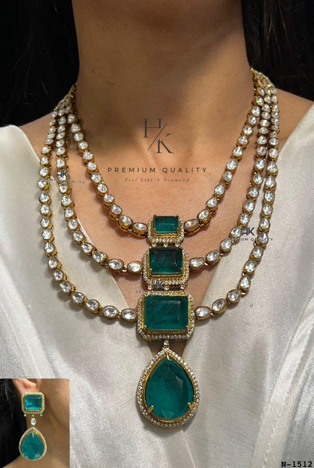 Sabyasachi inspired 3 layer real mossanite doublets stones ad long necklace set  with earrings