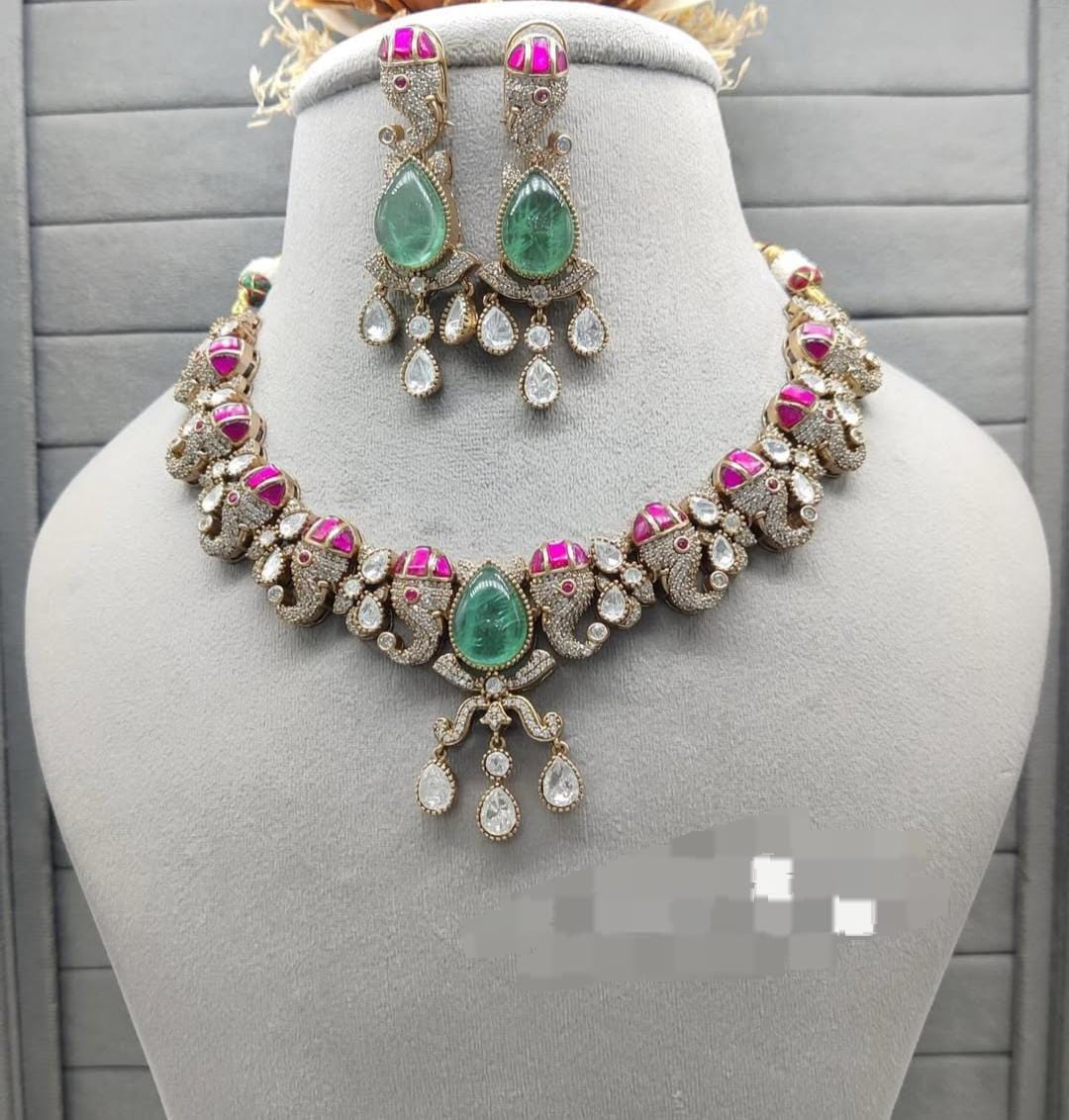 Mossanite polki Victorian statement necklace set with earrings/ elephant necklace set