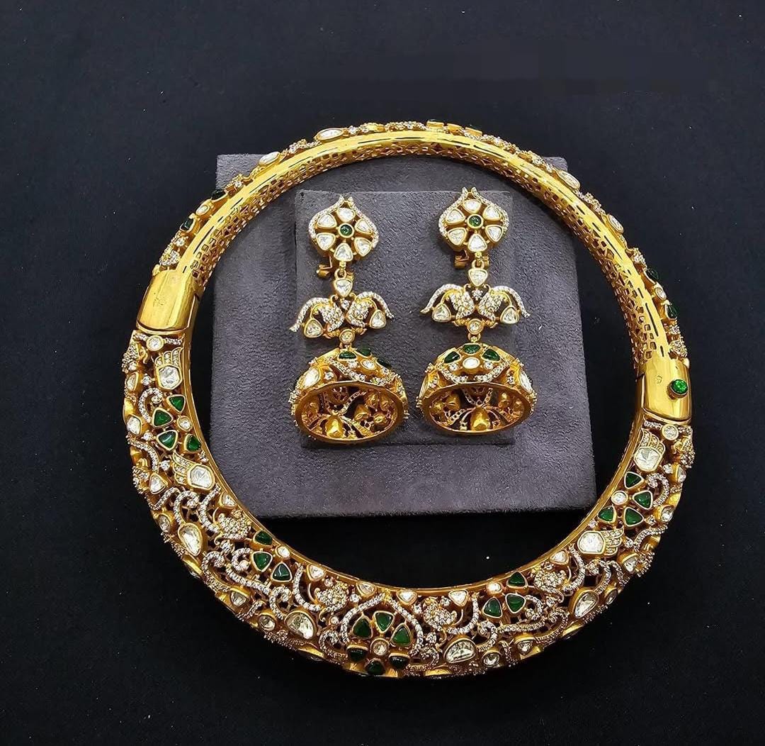 Real mossanite gold plated ad hassli necklace set with earrings/ premium hassli necklace set