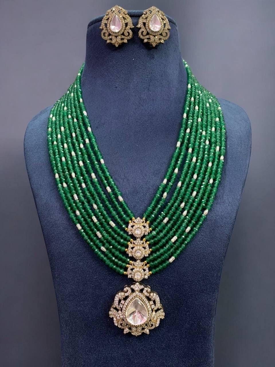 Moissanite stones and beads necklace with stud earrings/bollywood/statement necklace/wedding jewelry/Indian Pakistani jewelry/Royal jewelry