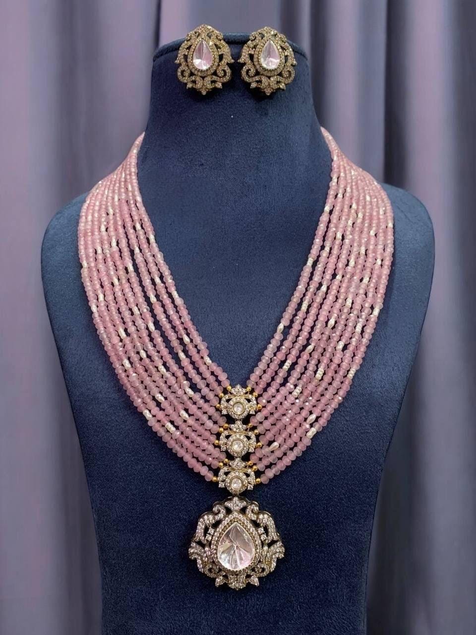 Moissanite stones and beads necklace with stud earrings/bollywood/statement necklace/wedding jewelry/Indian Pakistani jewelry/Royal jewelry