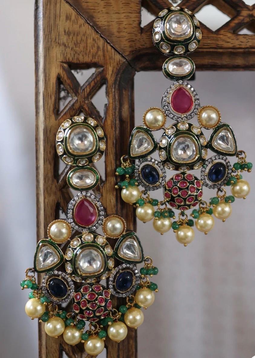 Sabyasachi Inspired Premium Fusion Victorian finish Uncut Polki Kundan Ruby Emerald Sapphire Pearl Statement Chaandbali Earrings/OOAK