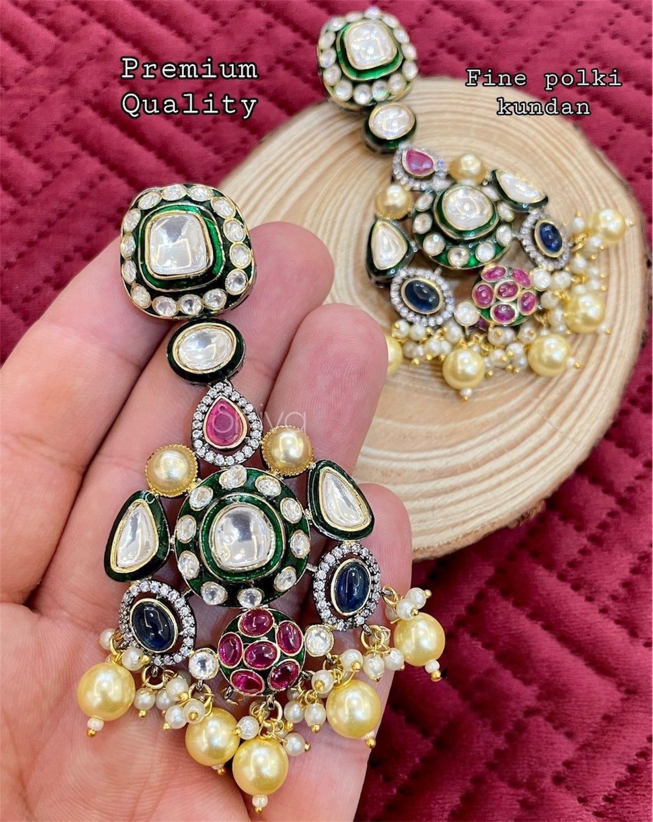 Sabyasachi Inspired Premium Fusion Victorian finish Uncut Polki Kundan Ruby Emerald Sapphire Pearl Statement Chaandbali Earrings/OOAK