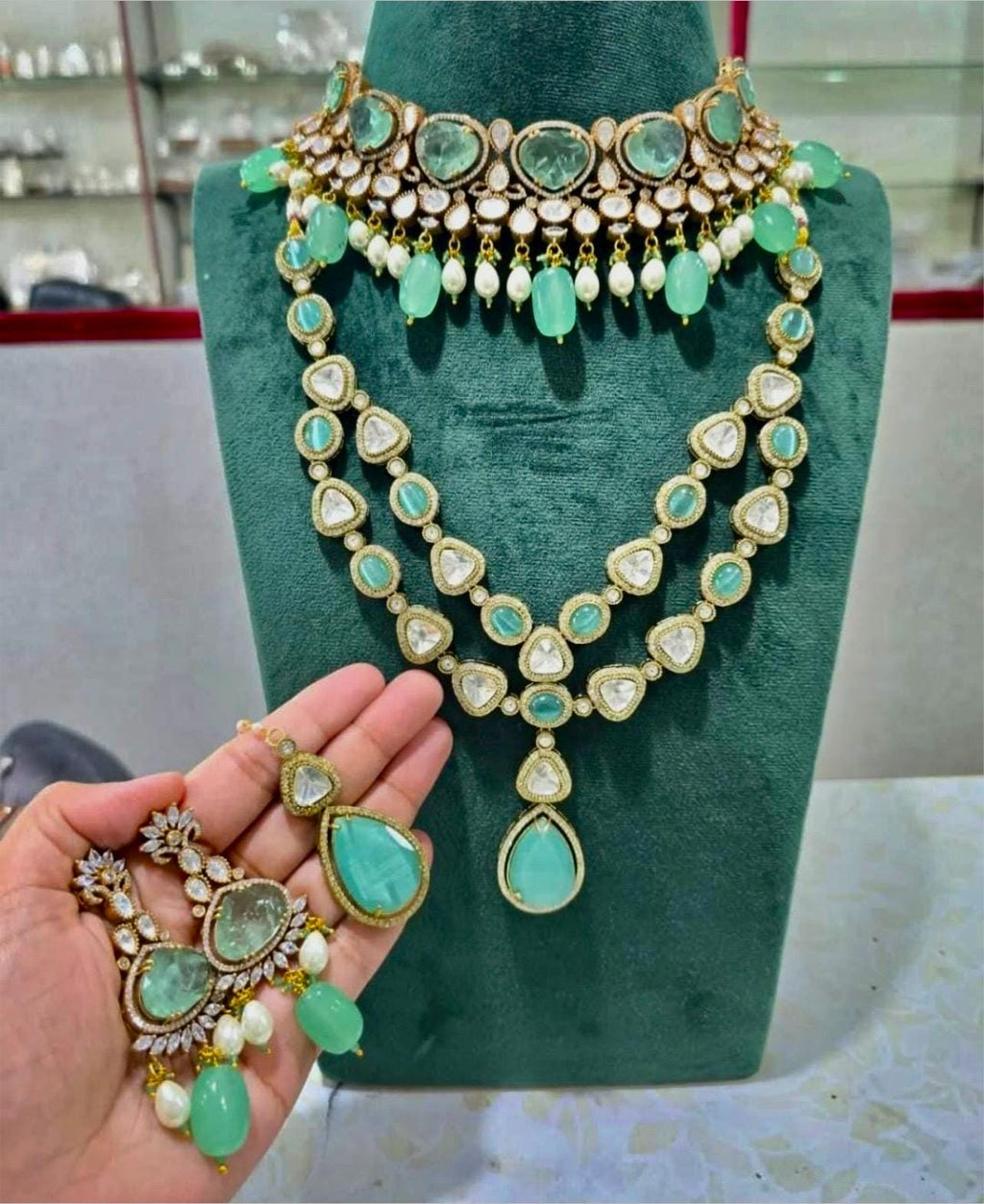 Doublets stones mint long and short necklace set with earrings and tikka / 2 layered necklace set