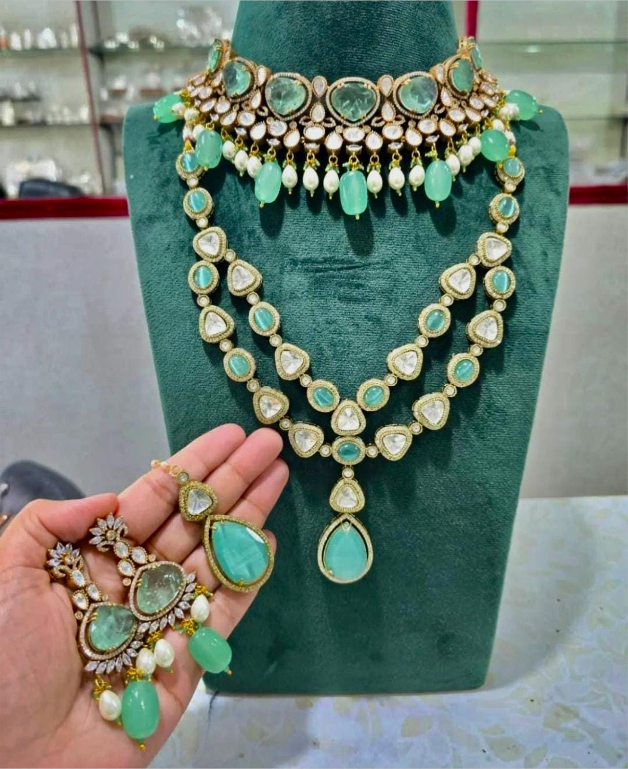 Doublets stones mint long and short necklace set with earrings and tikka / 2 layered necklace set